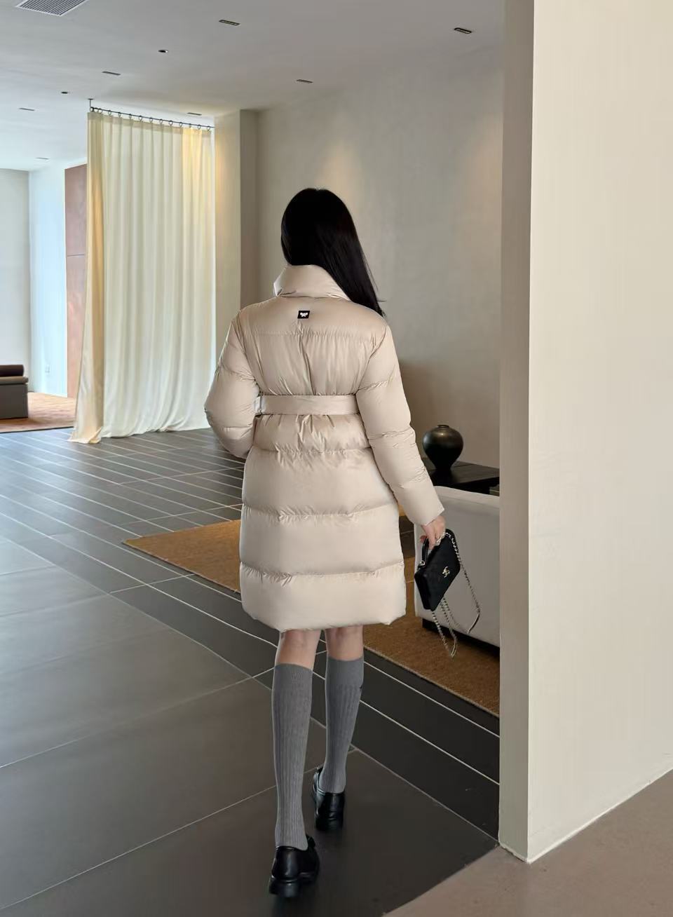 Cream Women's Long Puffer Coat with Belt and High Collar