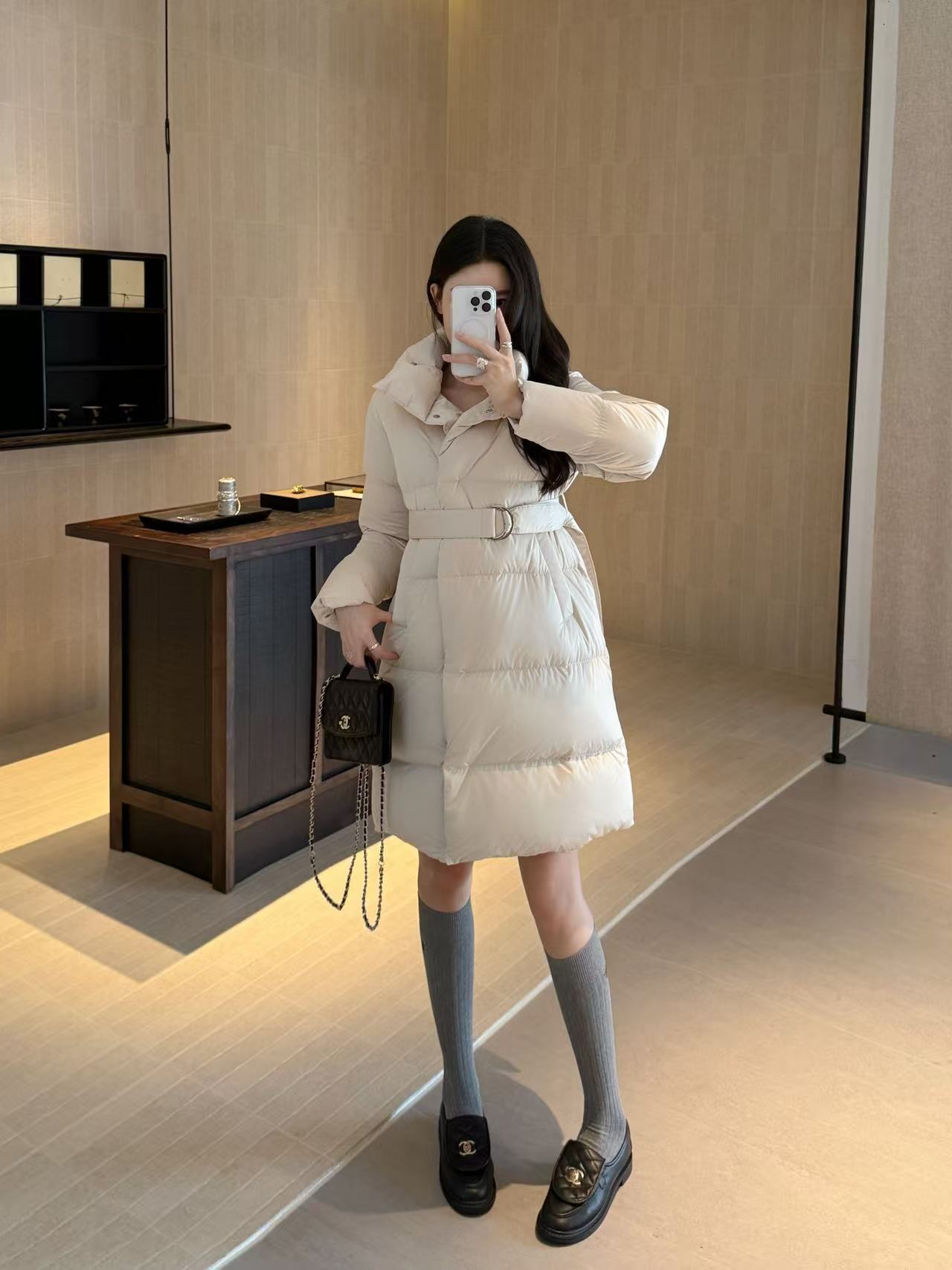 Cream Women's Long Puffer Coat with Belt and High Collar