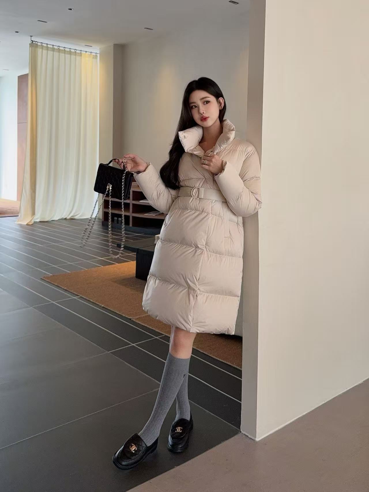 Cream Women's Long Puffer Coat with Belt and High Collar