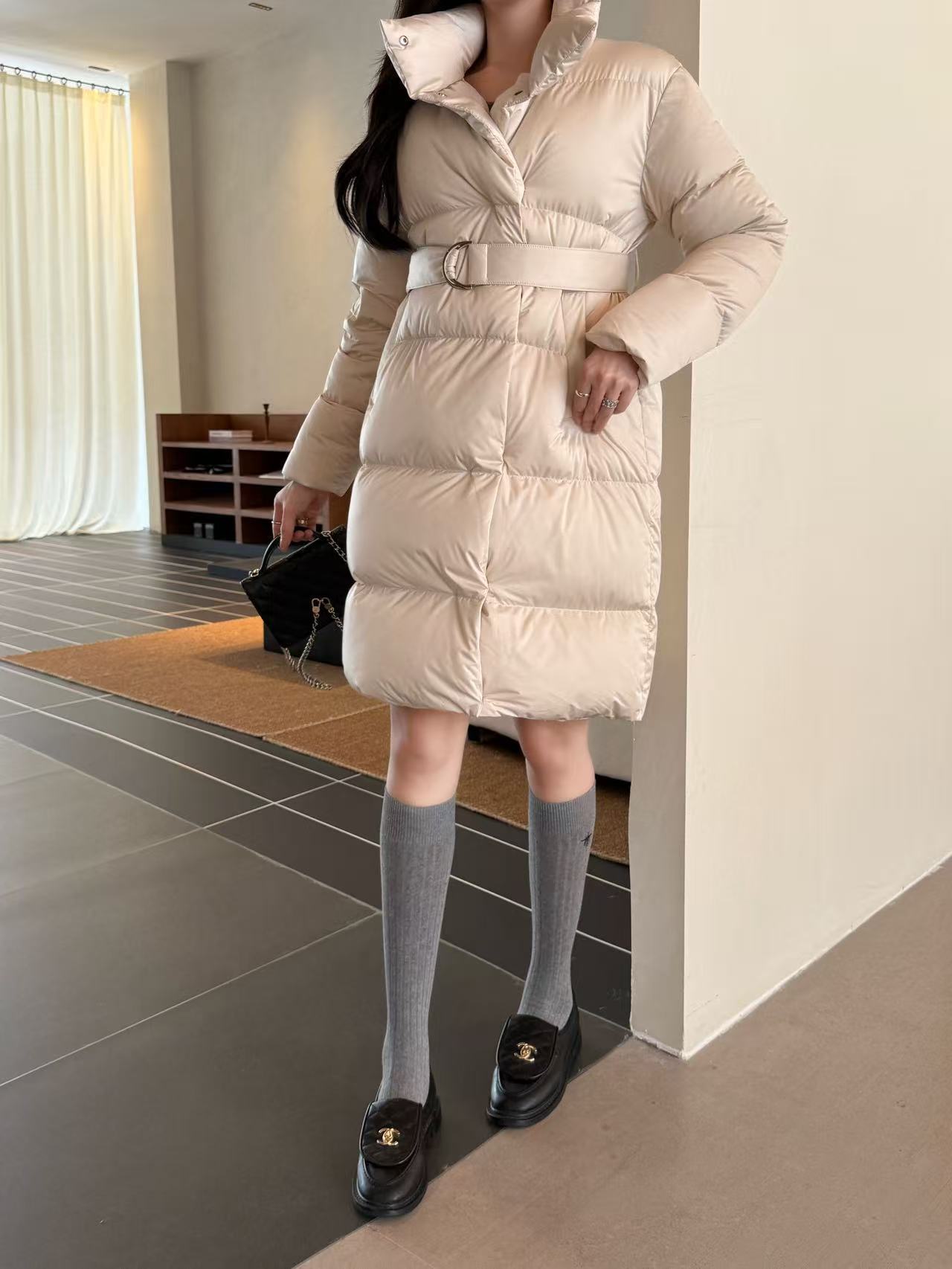 Cream Women's Long Puffer Coat with Belt and High Collar