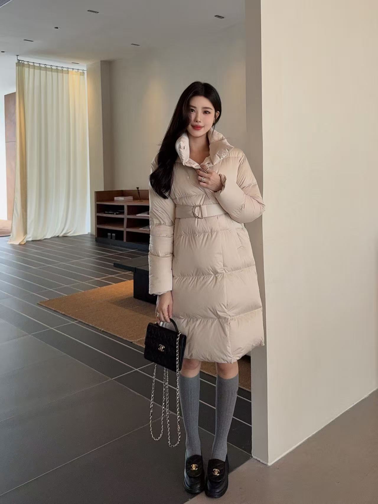 Cream Women's Long Puffer Coat with Belt and High Collar