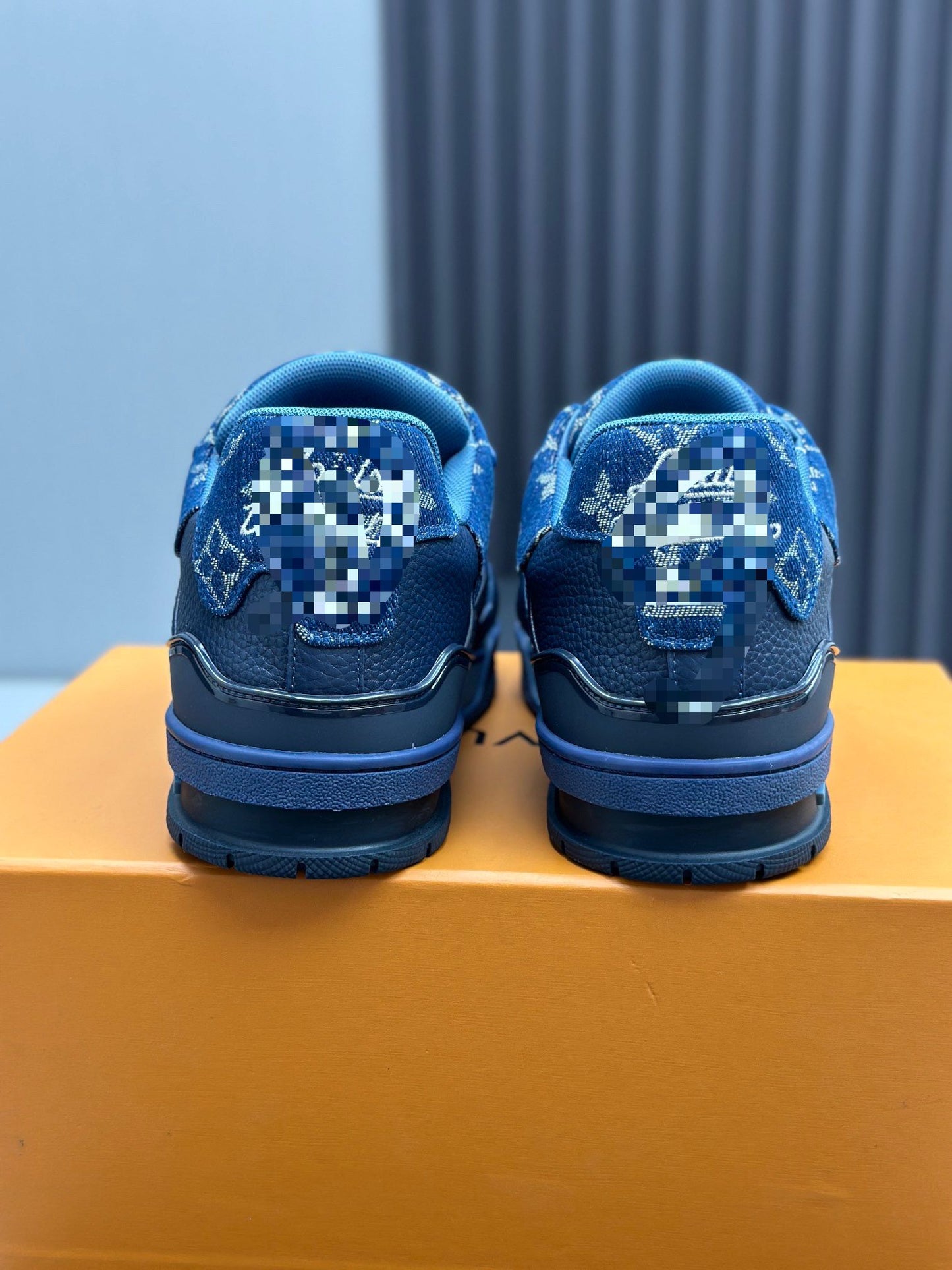 Indigo Blue Leather & Denim Low Top L V Trainer Sneaker