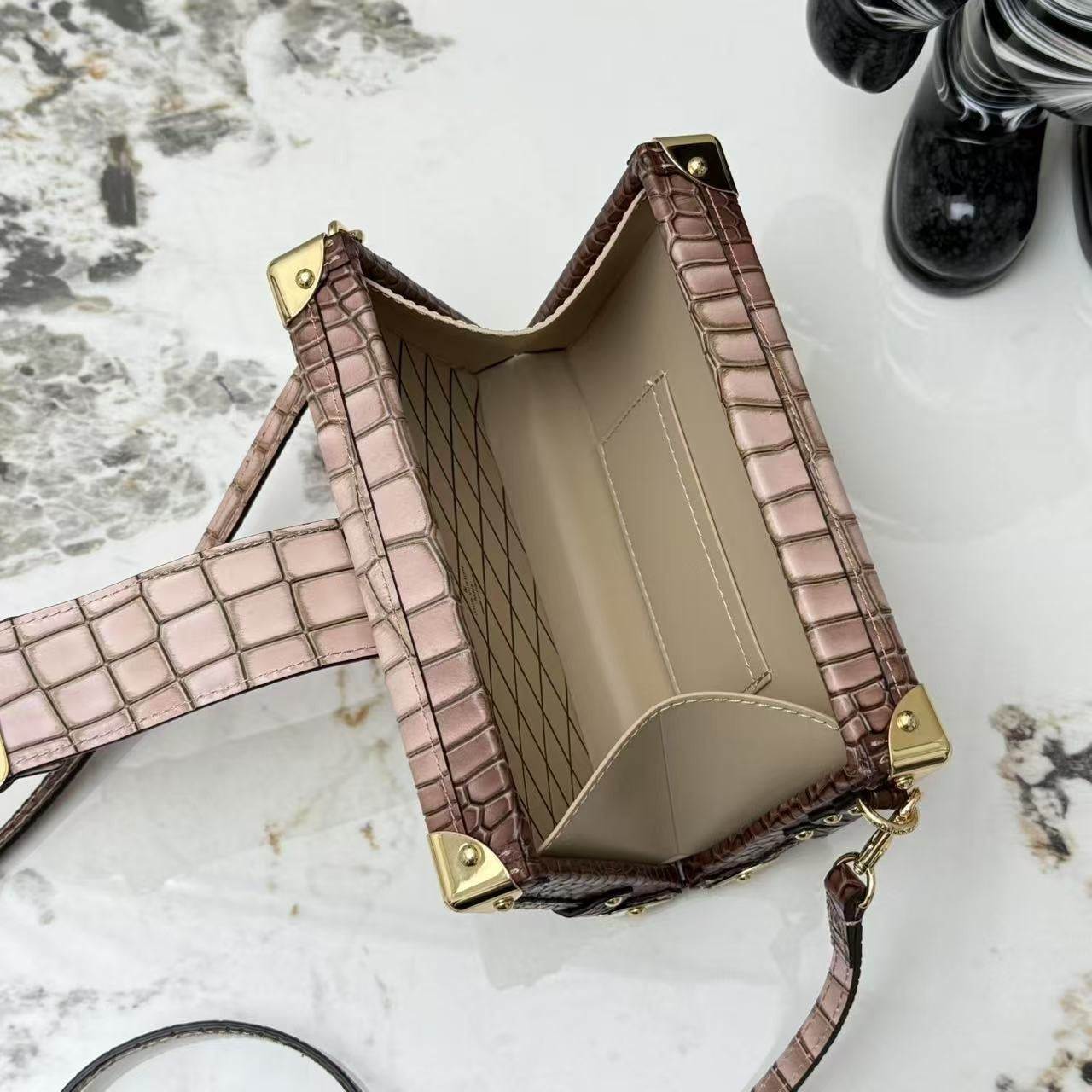 Petite Malle Crocodilian Leather Crossbody Bag