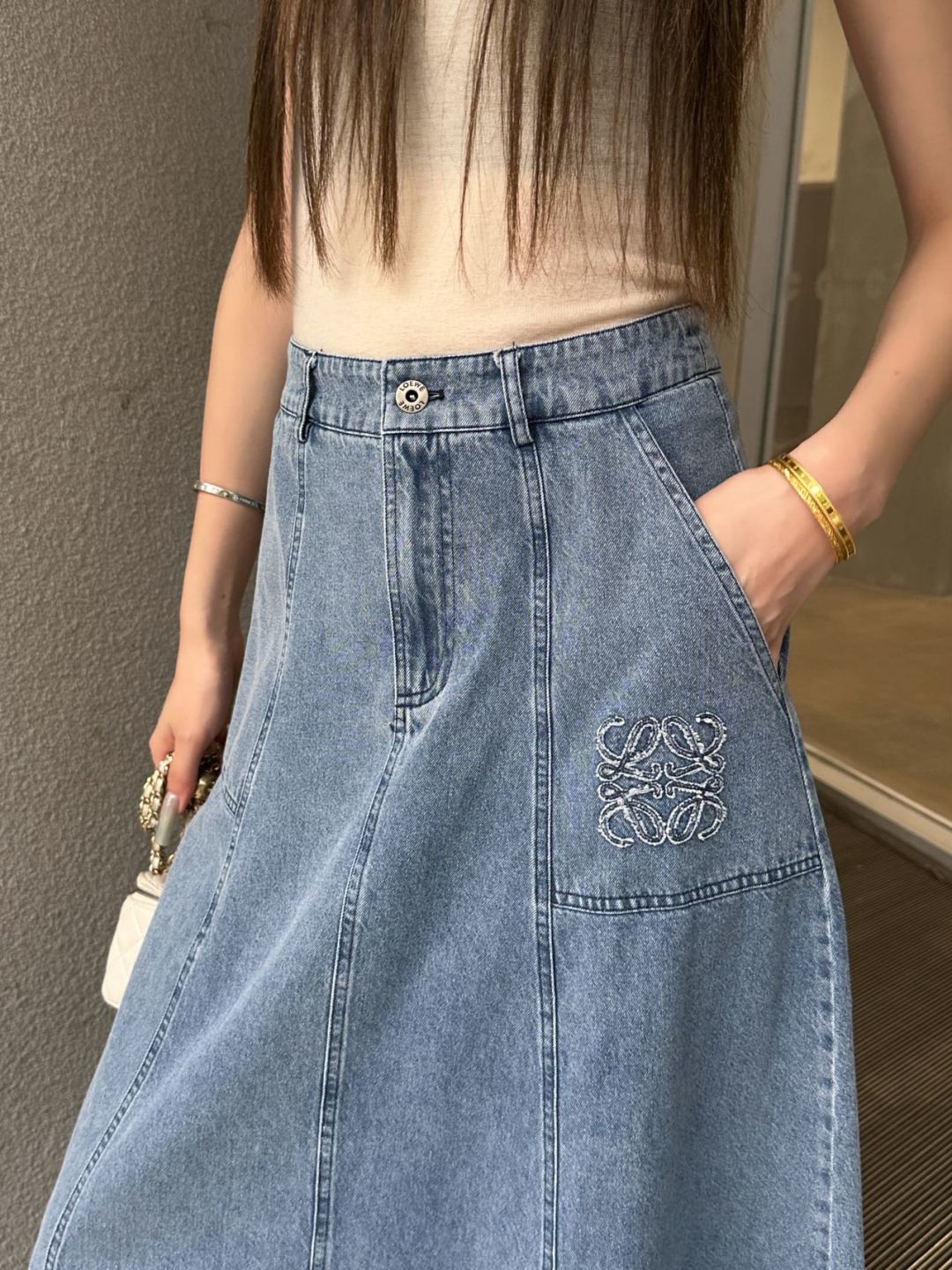 Anagram Embroidered Denim Midi Skirt – Deep Indigo Dark-Blue Structured Cotton Denim High-Rise Flared A-Line Skirt