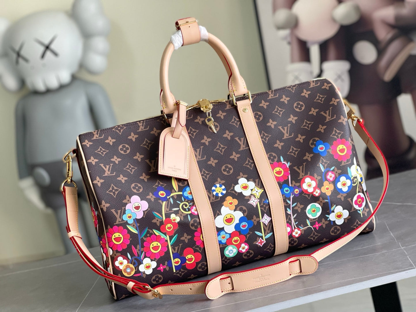 LV Takashi Murakami Monogram Flowers Keepall Bandoulière 50 – Brown Monogram Canvas Travel Duffel