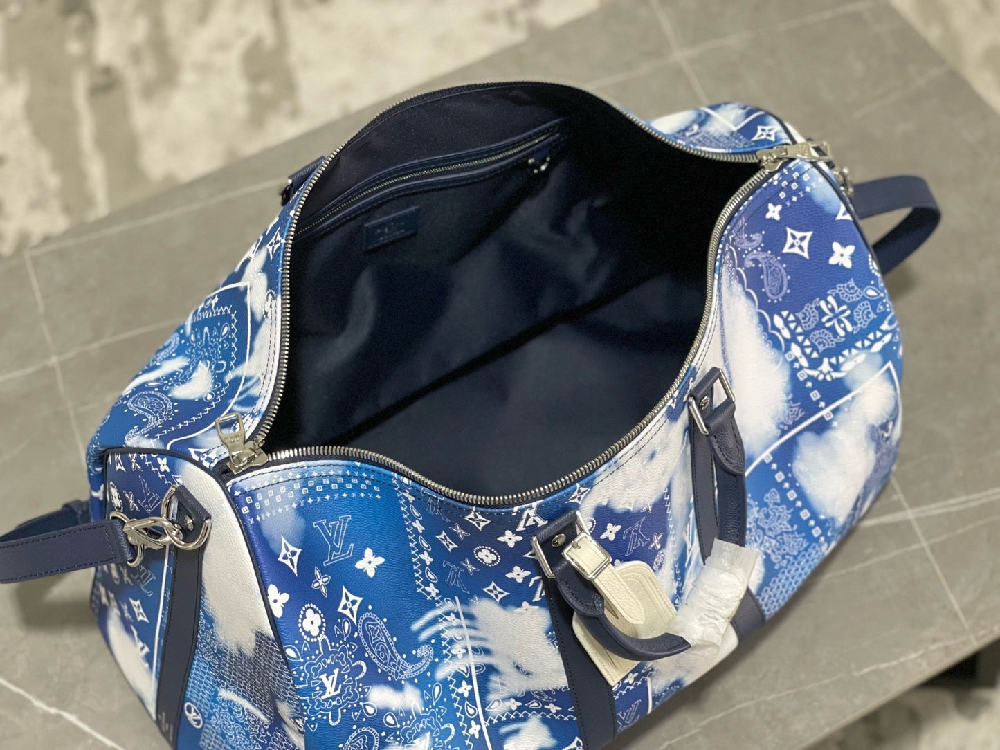 LV Monogram Bandana Keepall Bandoulière 50 – Bleached Blue and White Paisley Canvas Travel Duffel
