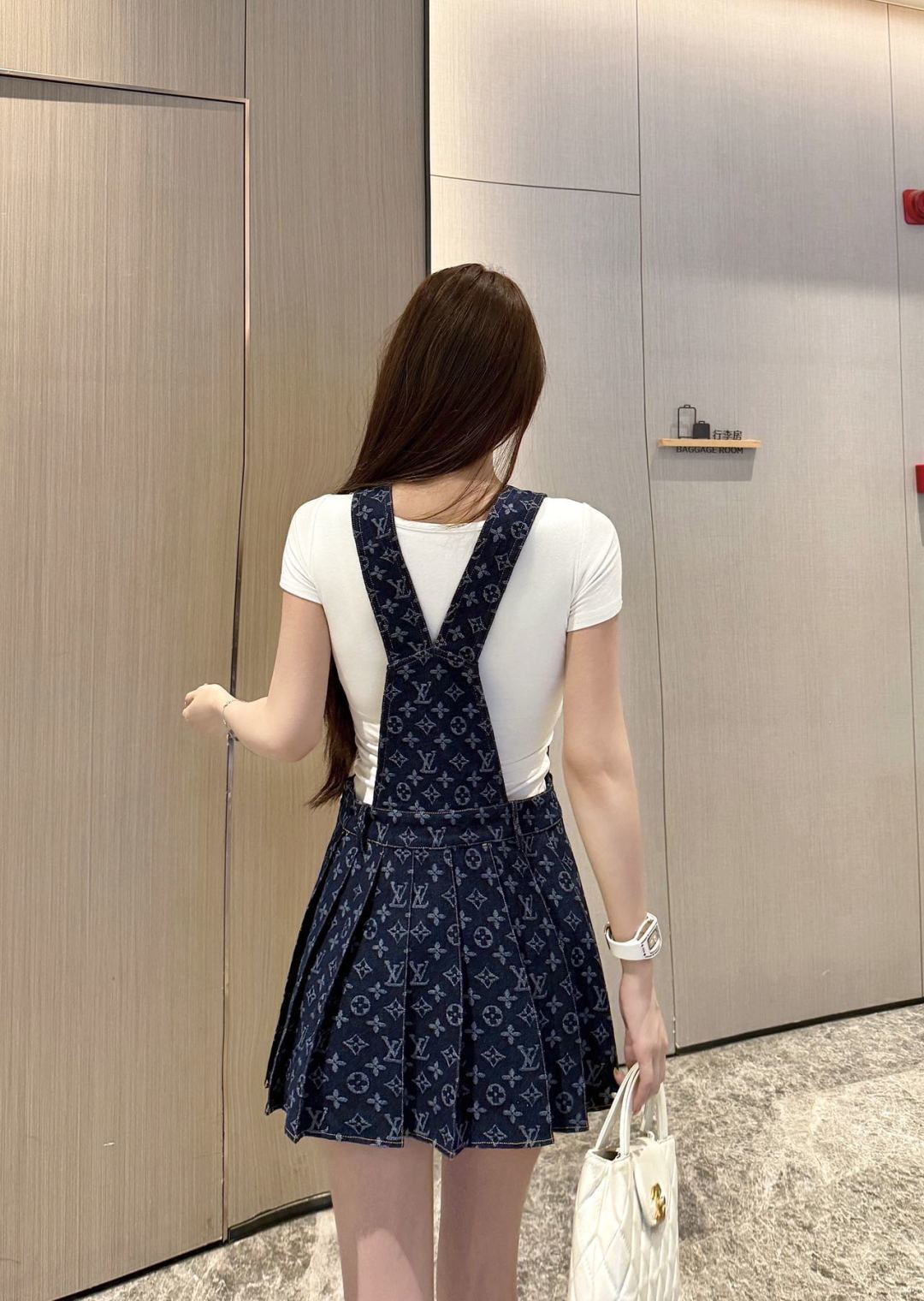 LV Monogram Jacquard Pleated Denim Pinafore Dress – Raw Indigo Monogram Tapestry Overall Rucksack Mini Dress