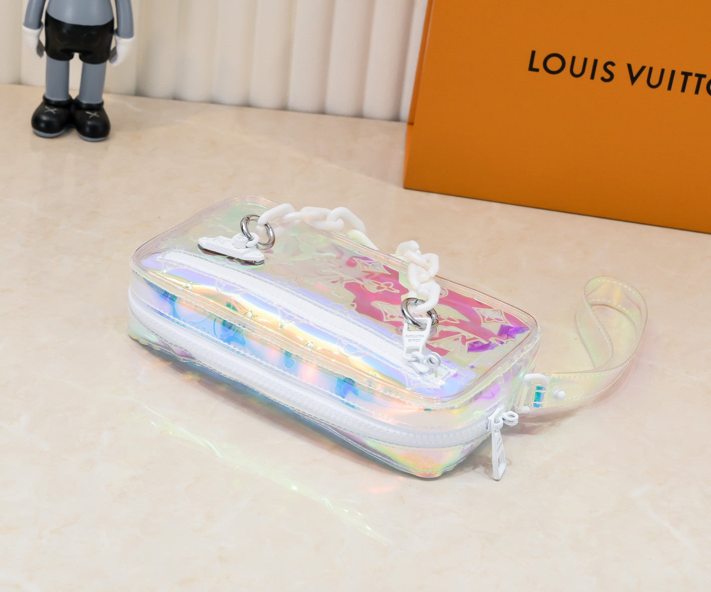 LV Monogram Prism Pochette Volga – Iridescent PVC with Matte White Resin Chain