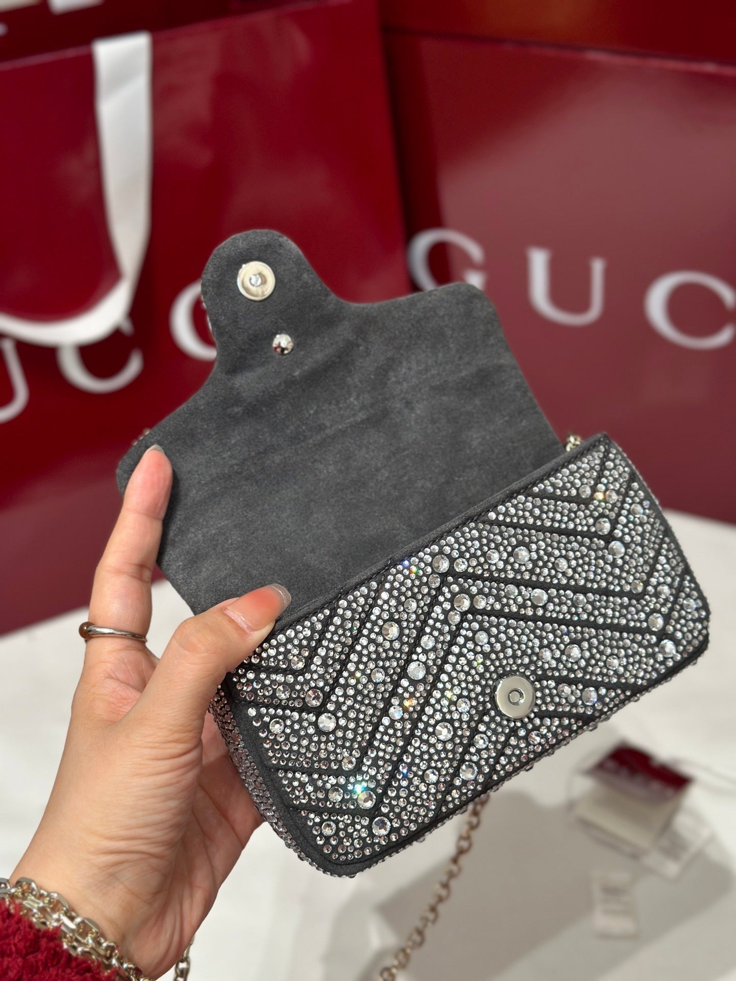 GG Marmont Small Crystal Shoulder Bag – Grey Nubuck Chevron Matelassé