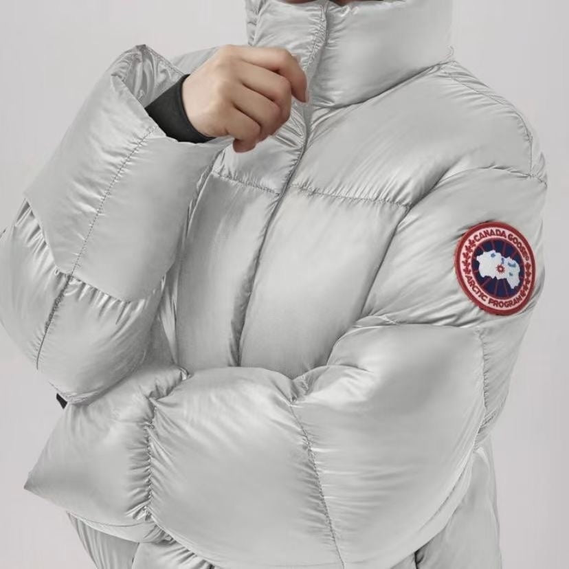 Luxe Metallic White Cropped Puffer Jacket for Women