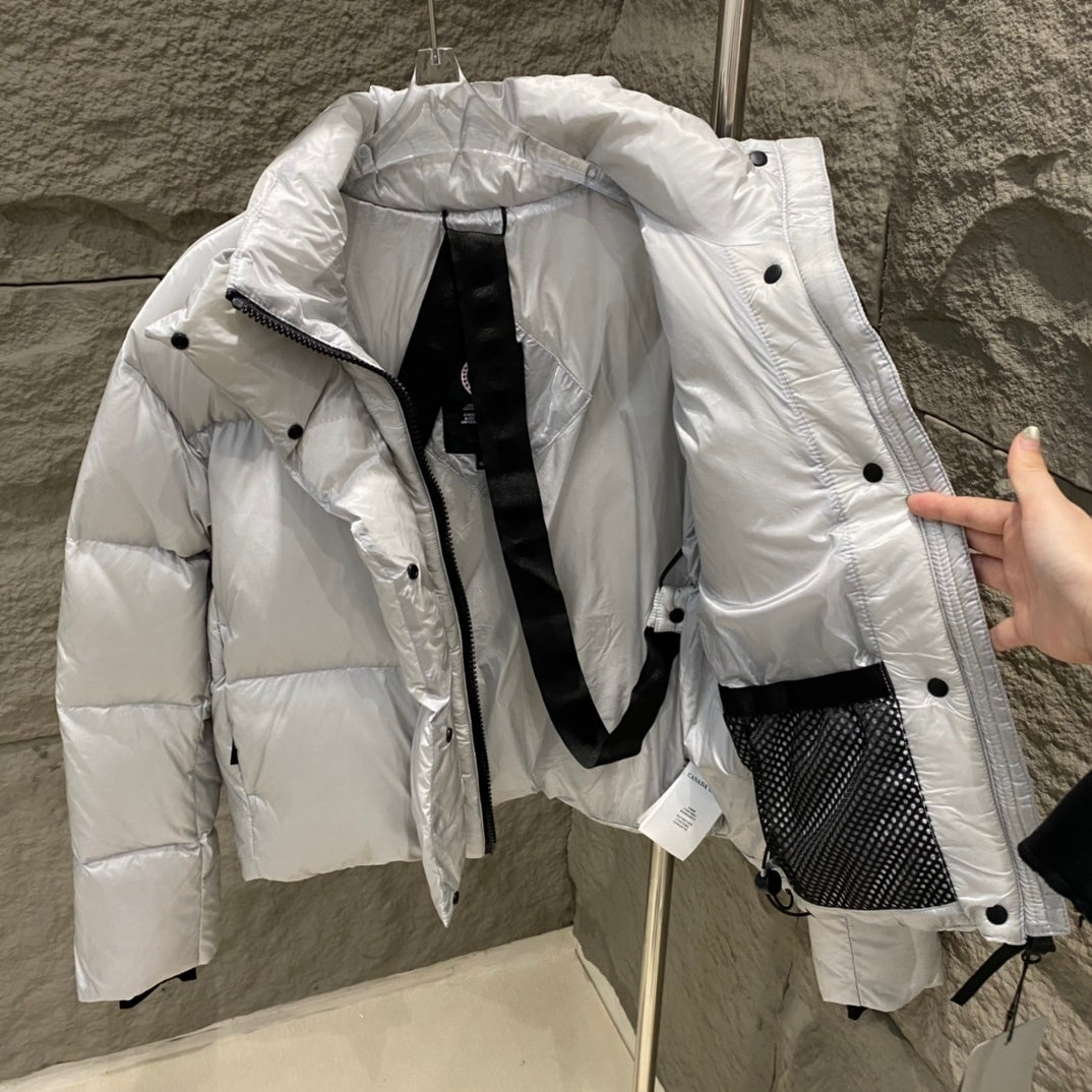 Luxe Metallic White Cropped Puffer Jacket for Women