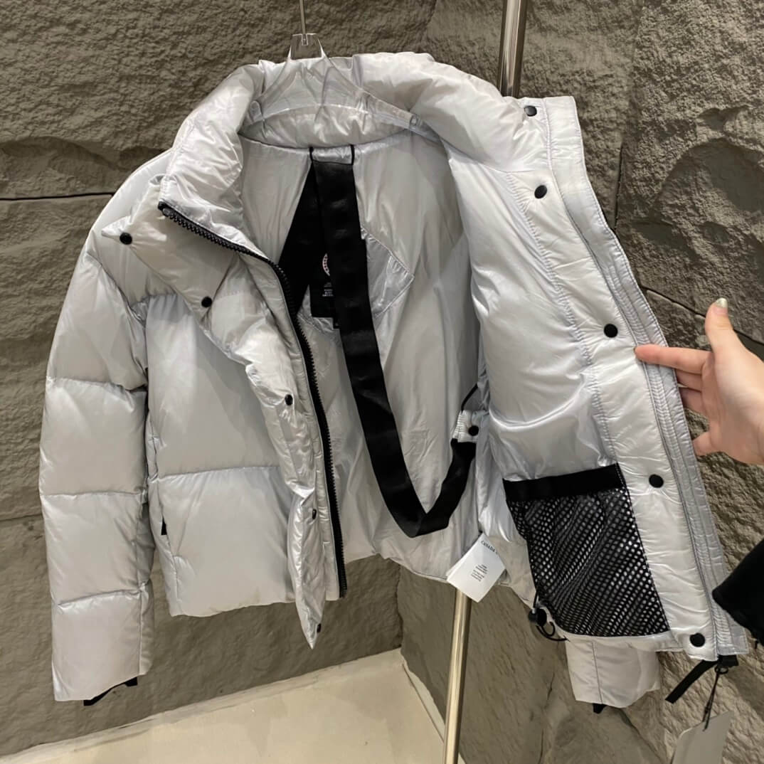 Luxe Metallic White Cropped Puffer Jacket for Women