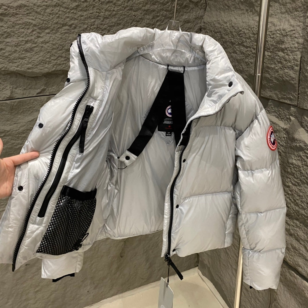 Luxe Metallic White Cropped Puffer Jacket for Women