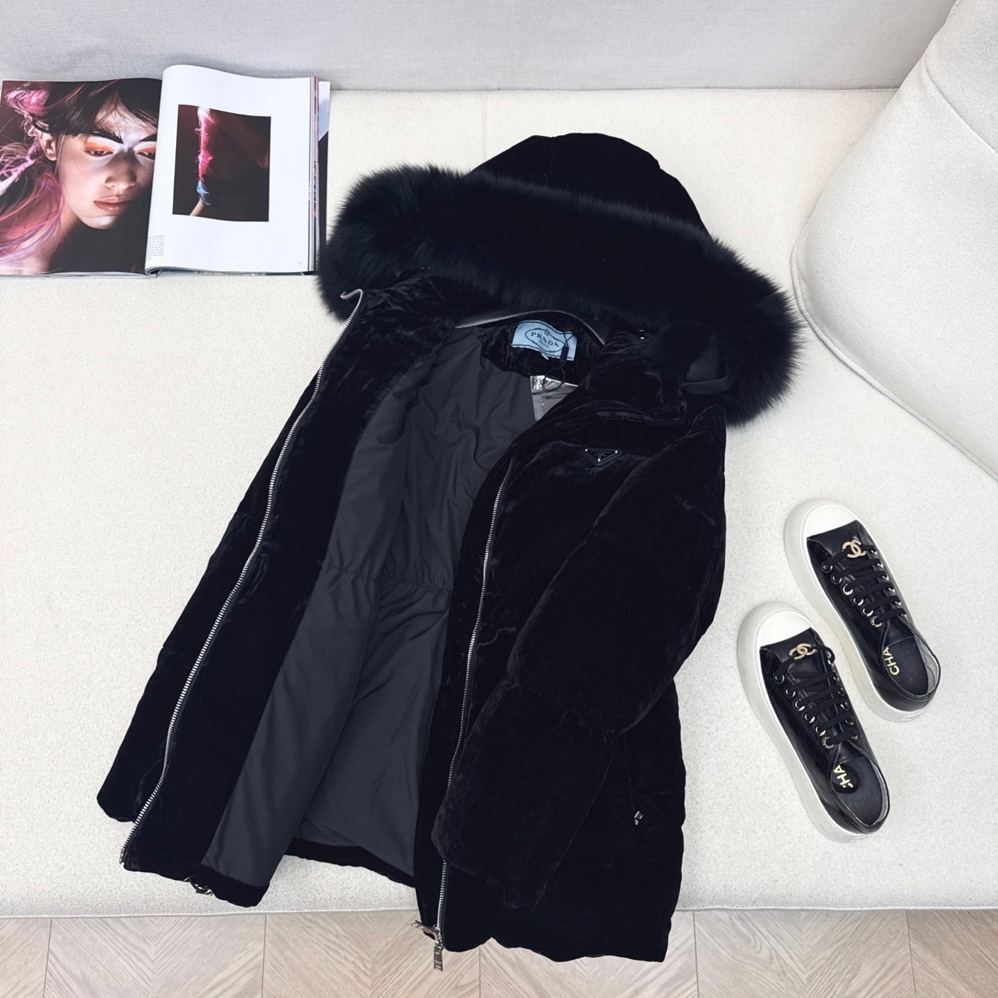 Black Velvet Puffer Jacket with Faux Fur Hood
