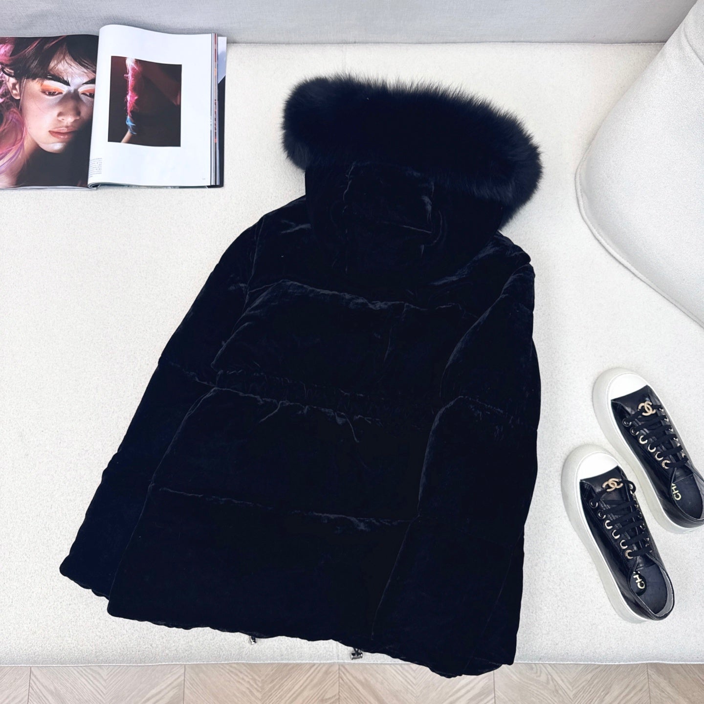 Black Velvet Puffer Jacket with Faux Fur Hood