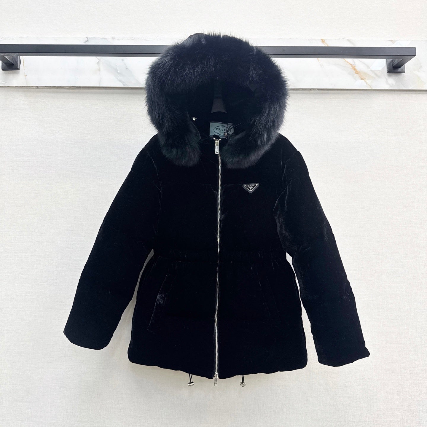 Black Velvet Puffer Jacket with Faux Fur Hood