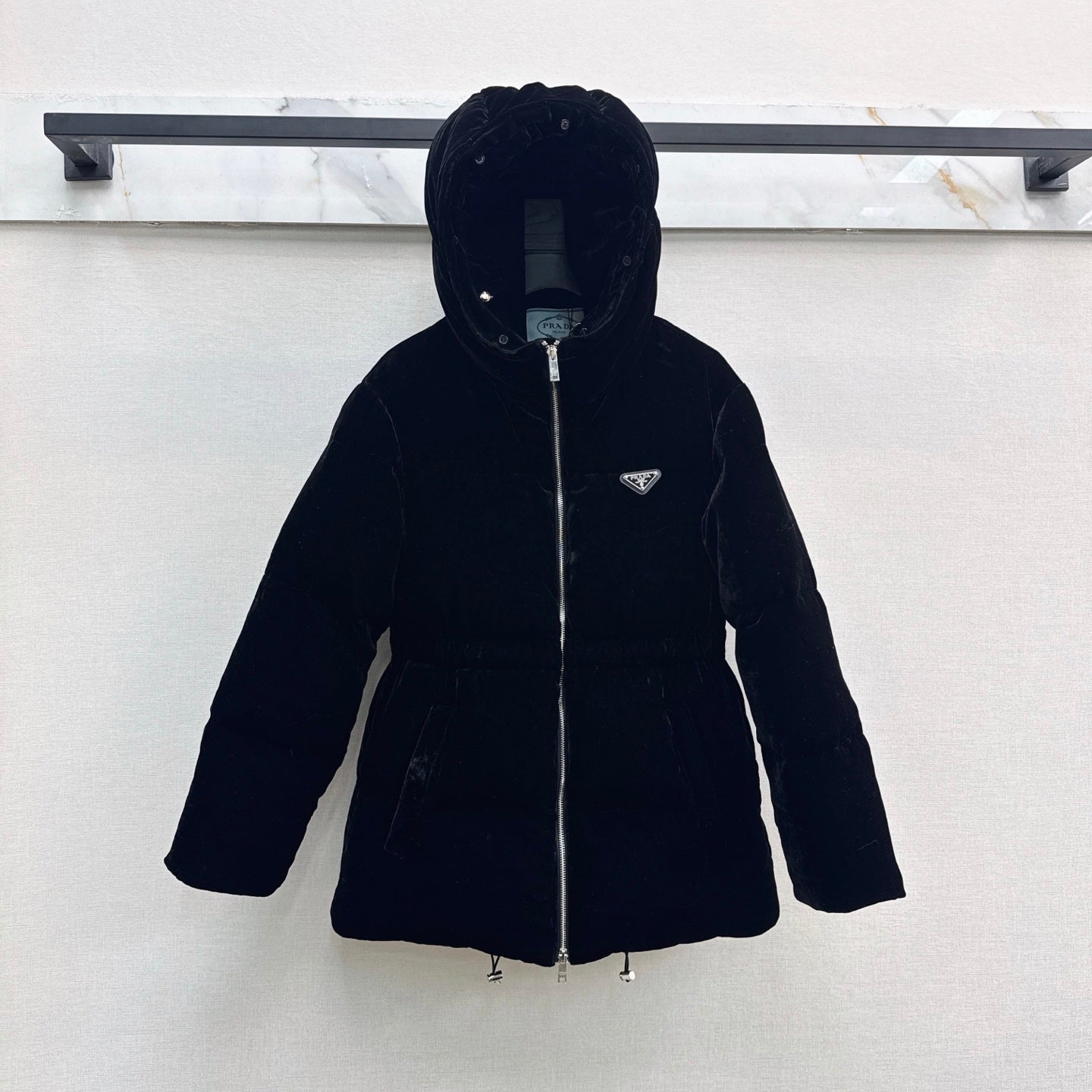 Black Velvet Puffer Jacket with Faux Fur Hood