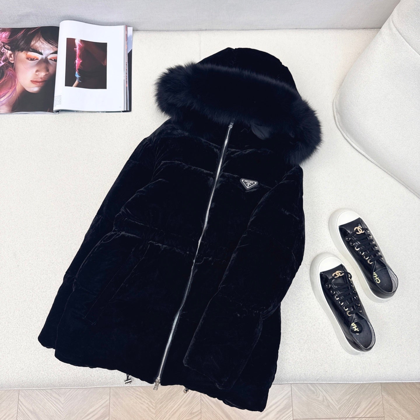 Black Velvet Puffer Jacket with Faux Fur Hood