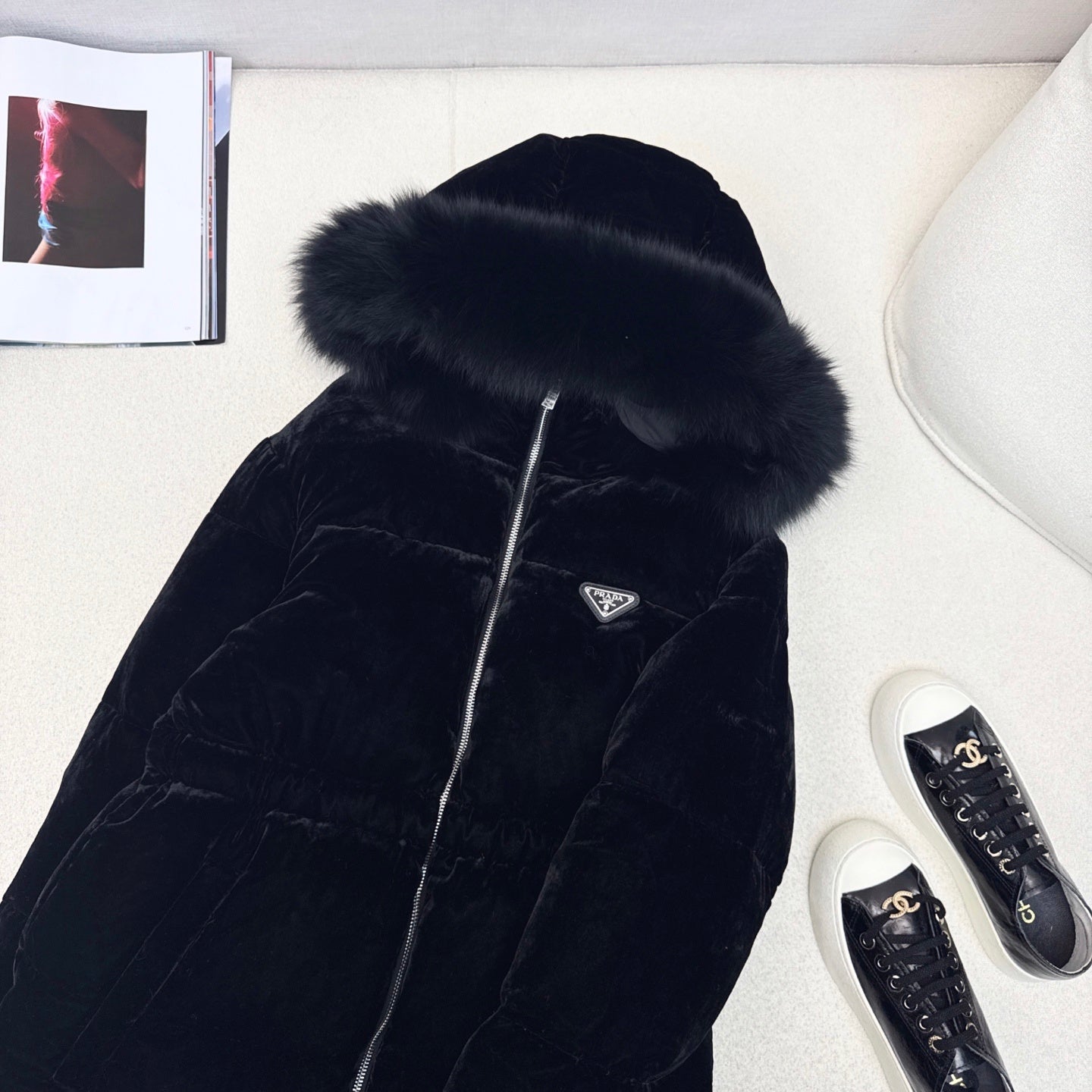 Black Velvet Puffer Jacket with Faux Fur Hood
