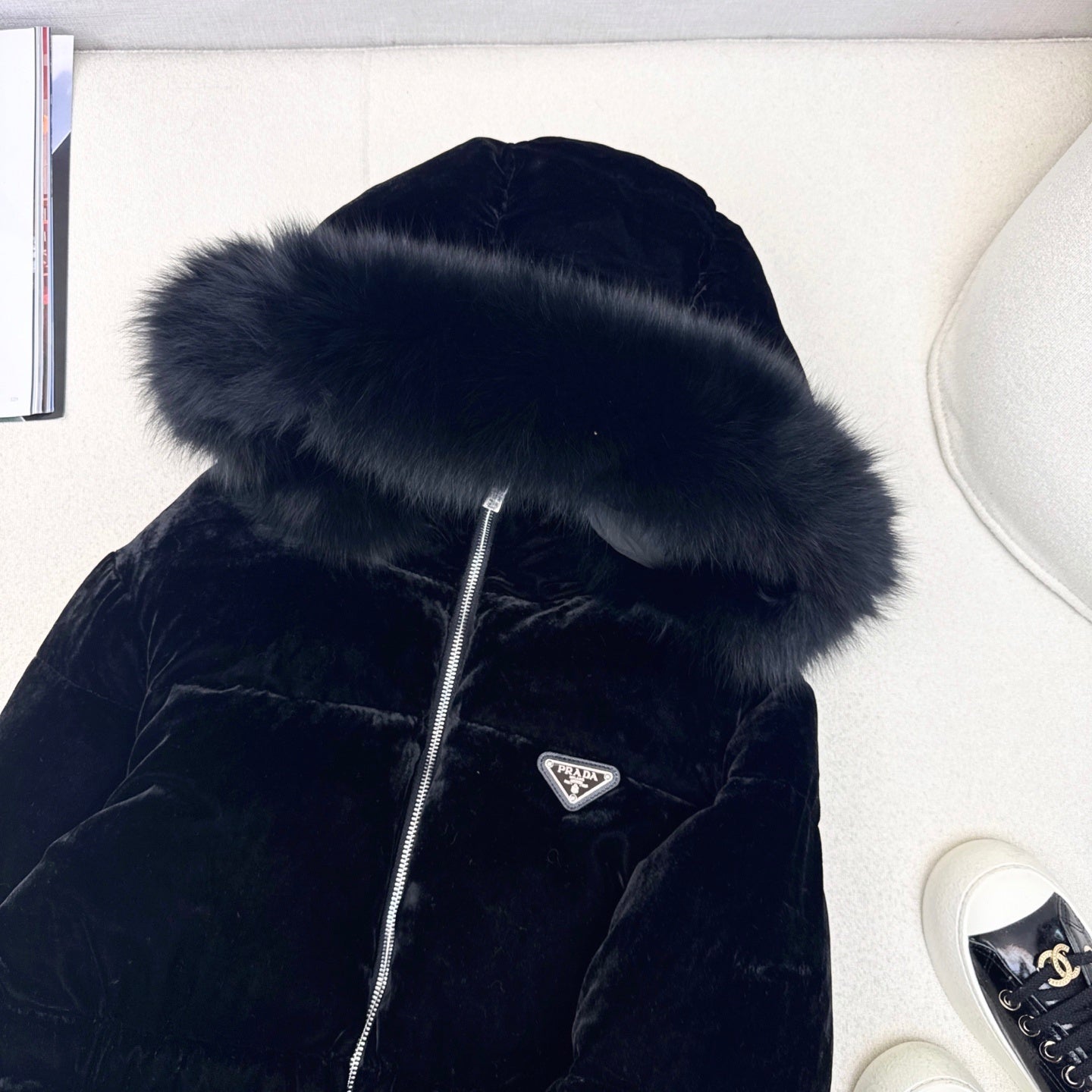 Black Velvet Puffer Jacket with Faux Fur Hood