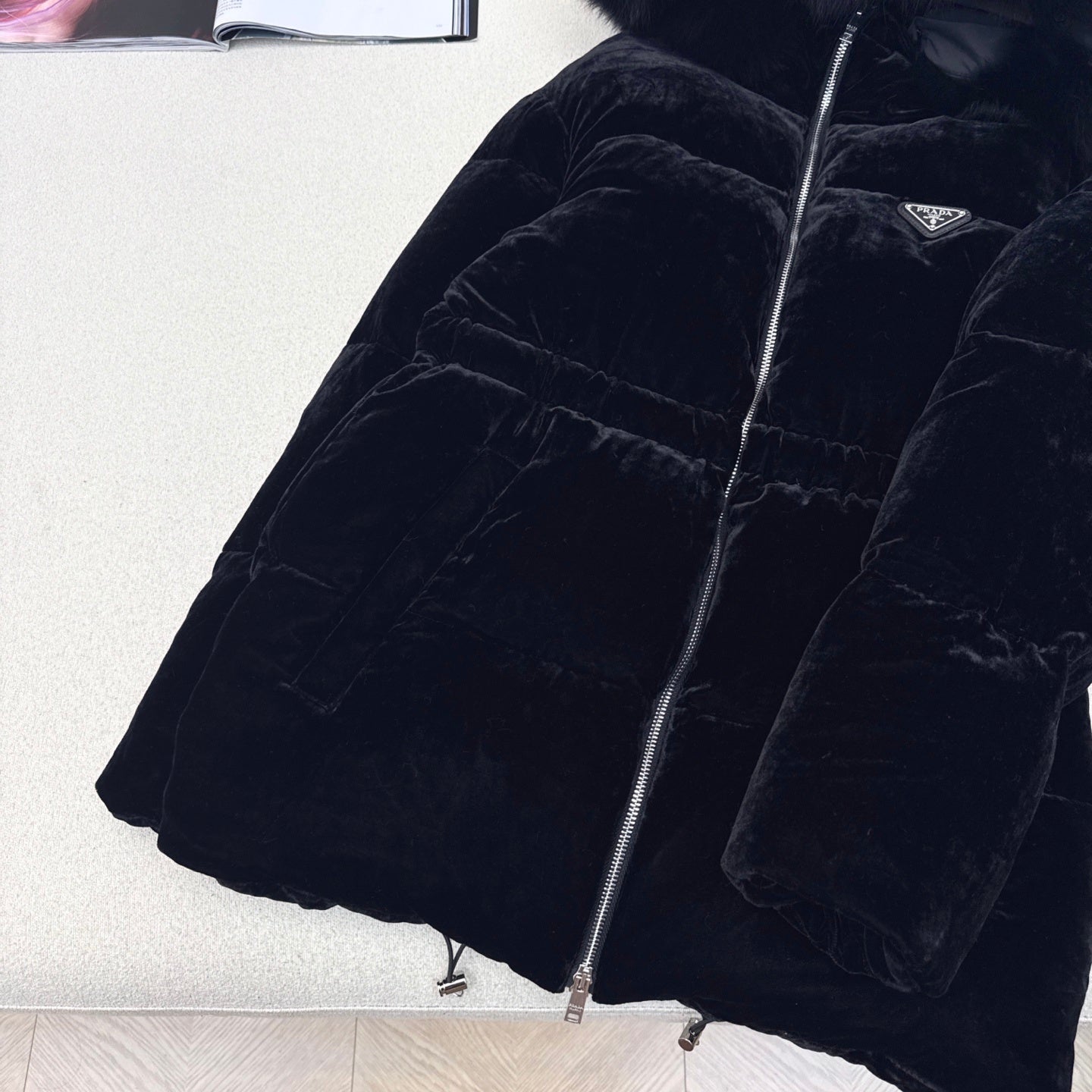 Black Velvet Puffer Jacket with Faux Fur Hood