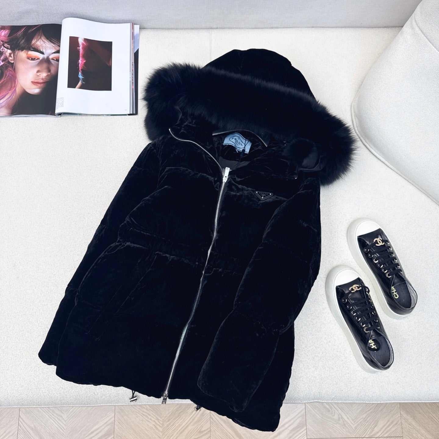 Black Velvet Puffer Jacket with Faux Fur Hood