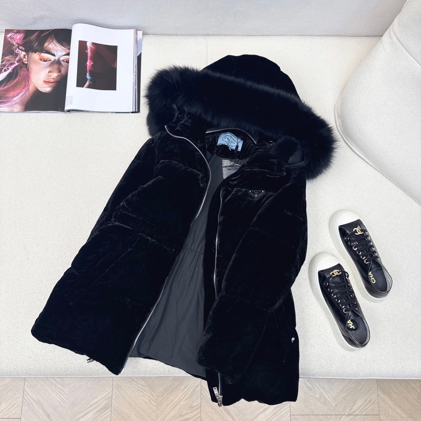 Black Velvet Puffer Jacket with Faux Fur Hood