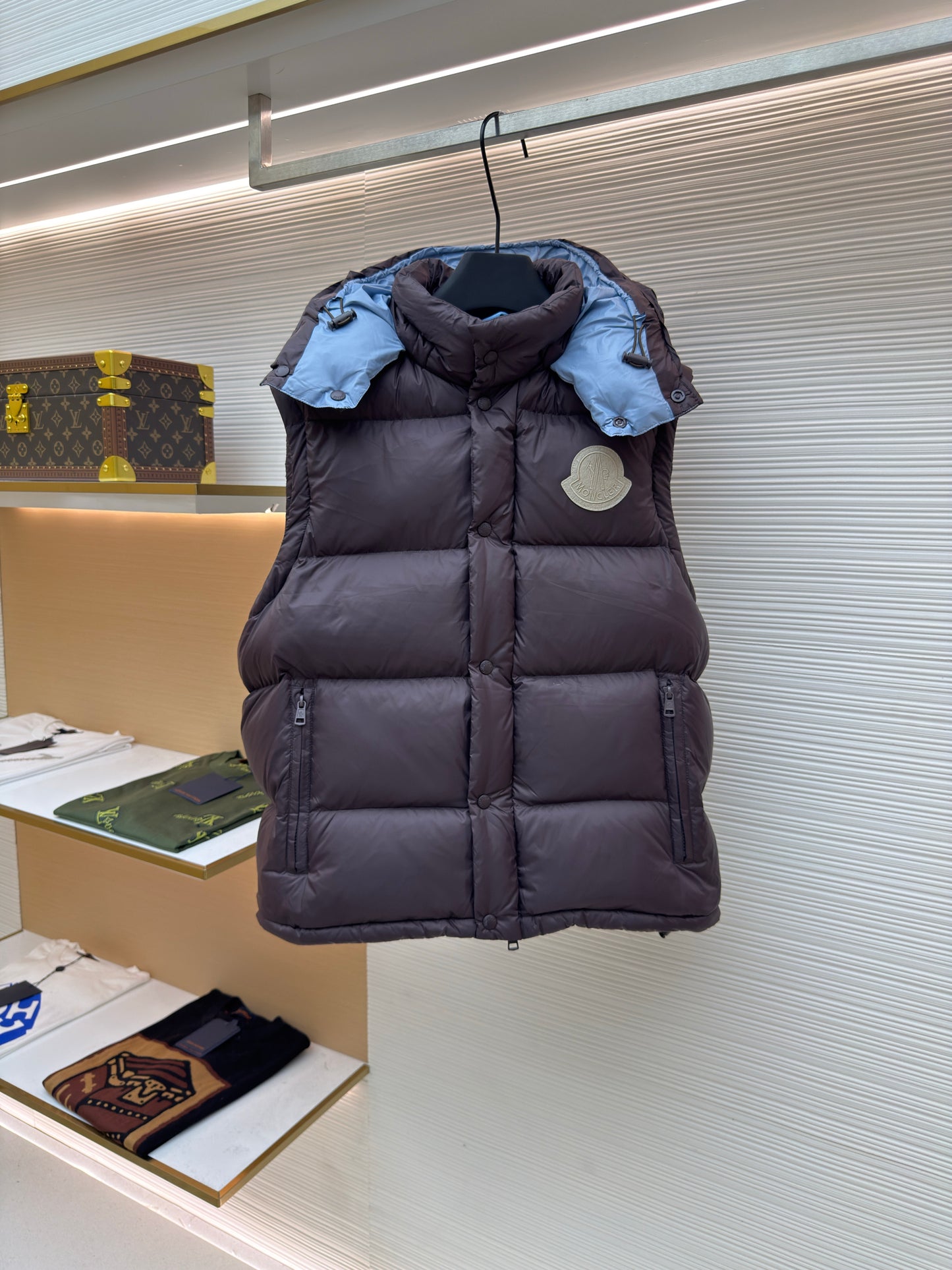 Monc Cyclone 2-in-1 Down Jacket and Vest in Brown with Blue Hood