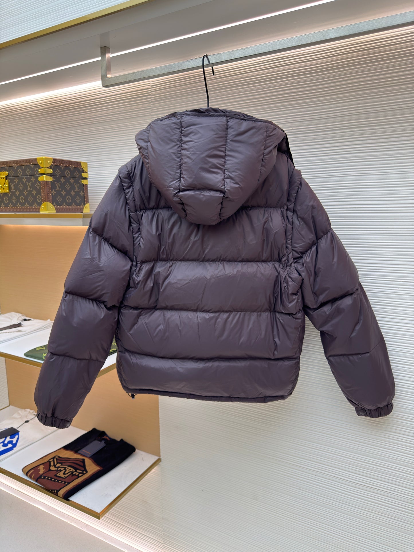 Monc Cyclone 2-in-1 Down Jacket and Vest in Brown with Blue Hood