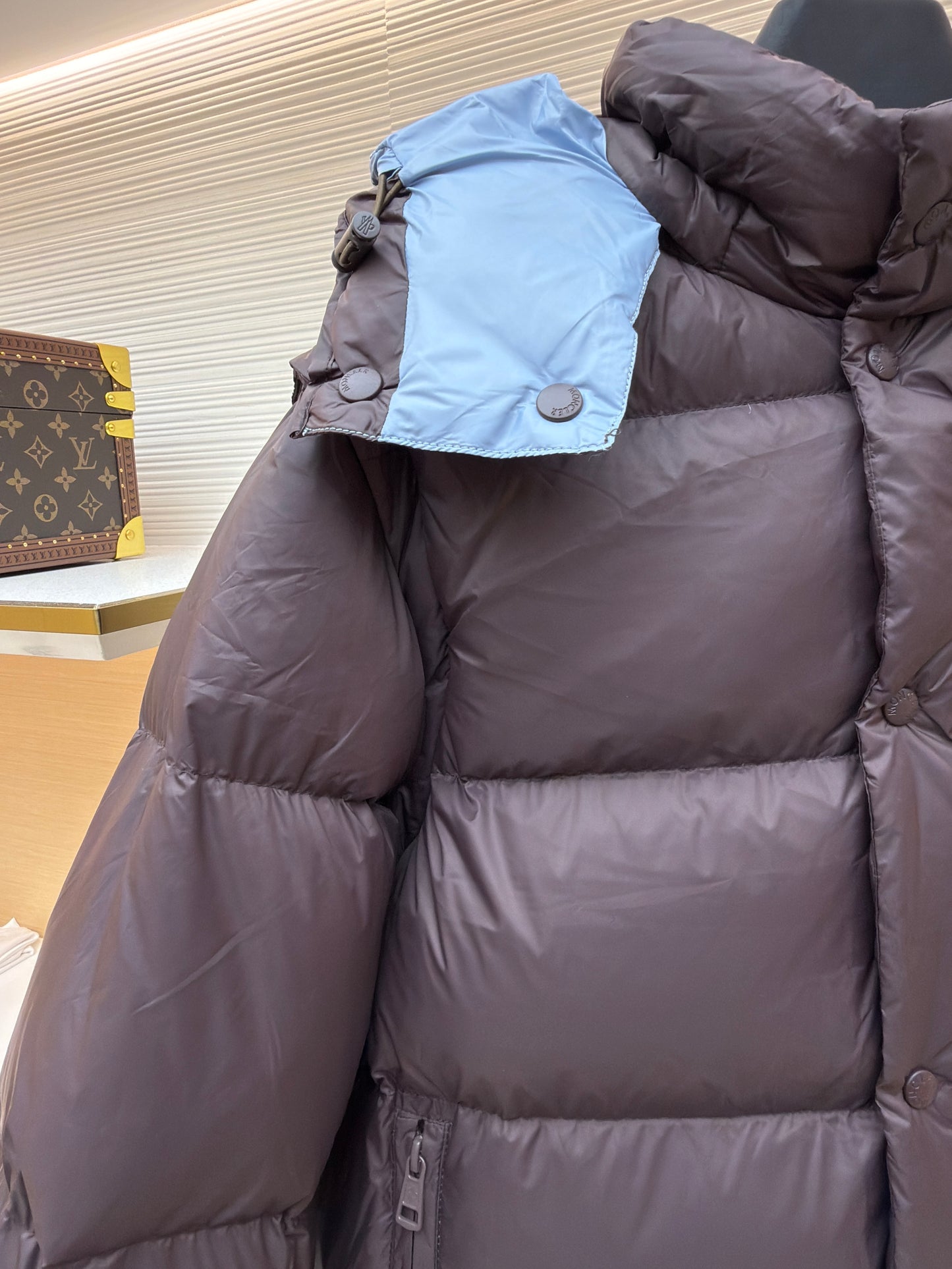 Monc Cyclone 2-in-1 Down Jacket and Vest in Brown with Blue Hood