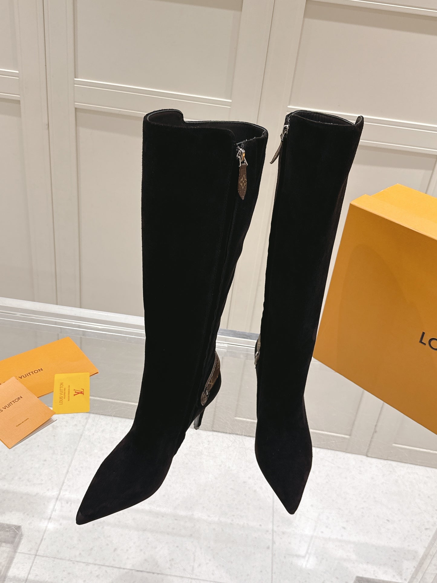 Knee-High Suede Boots – Midnight Black Velvet-Plush Calf Suede Stiletto Boots with Monogram Canvas Ankle Strap