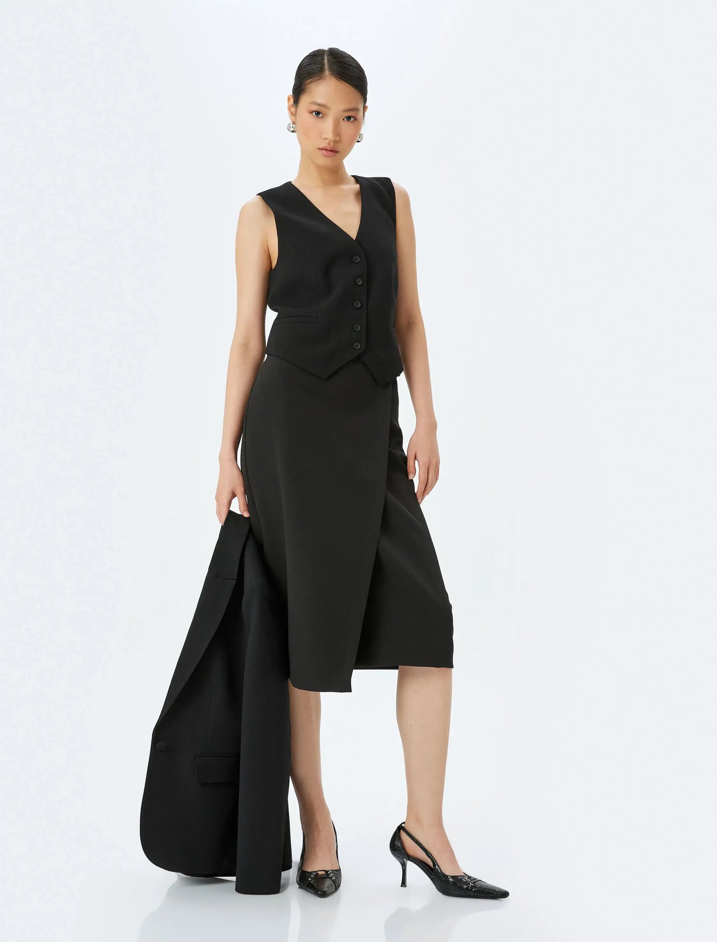 Sophisticated Double-Breasted Black Midi Skirt