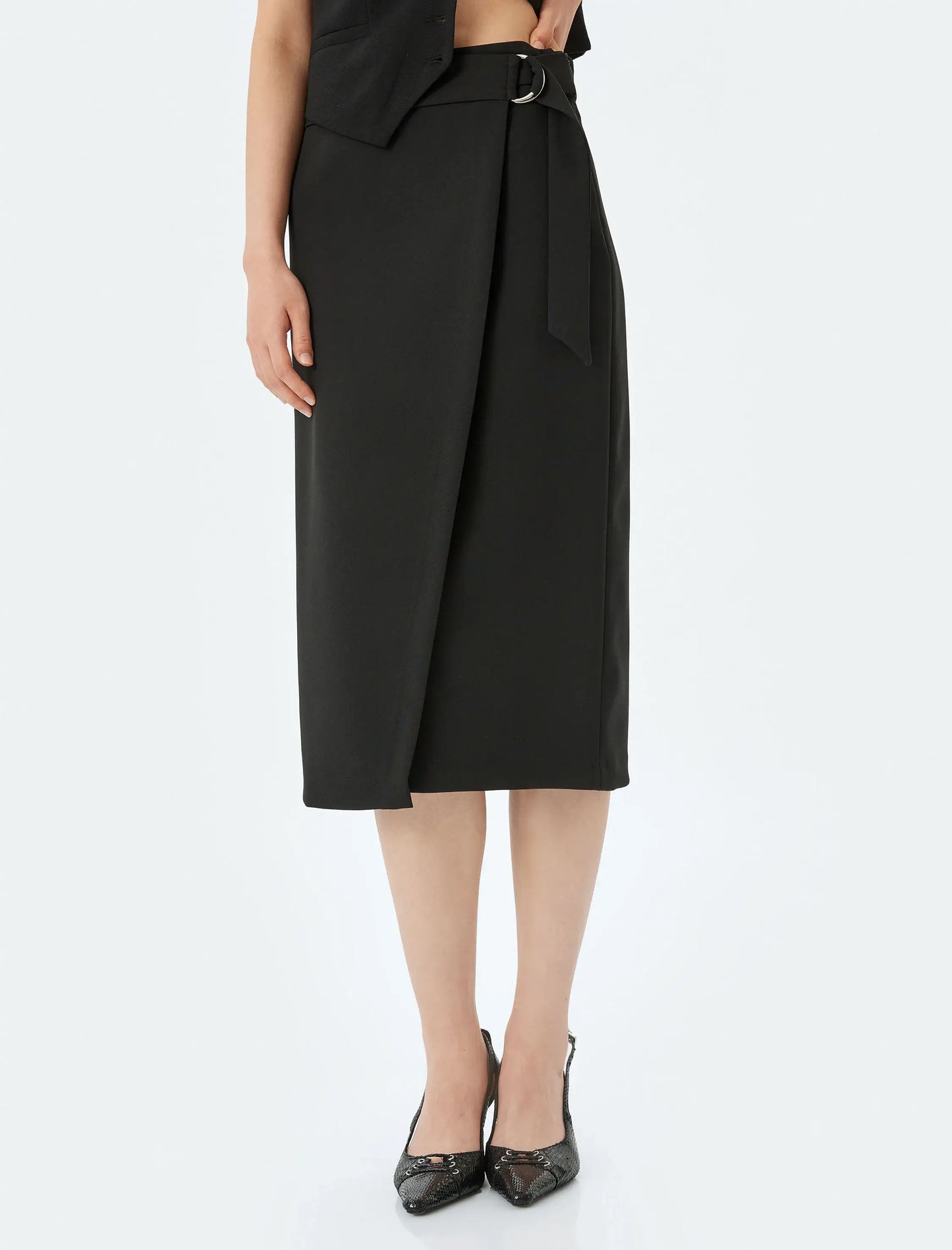 Sophisticated Double-Breasted Black Midi Skirt