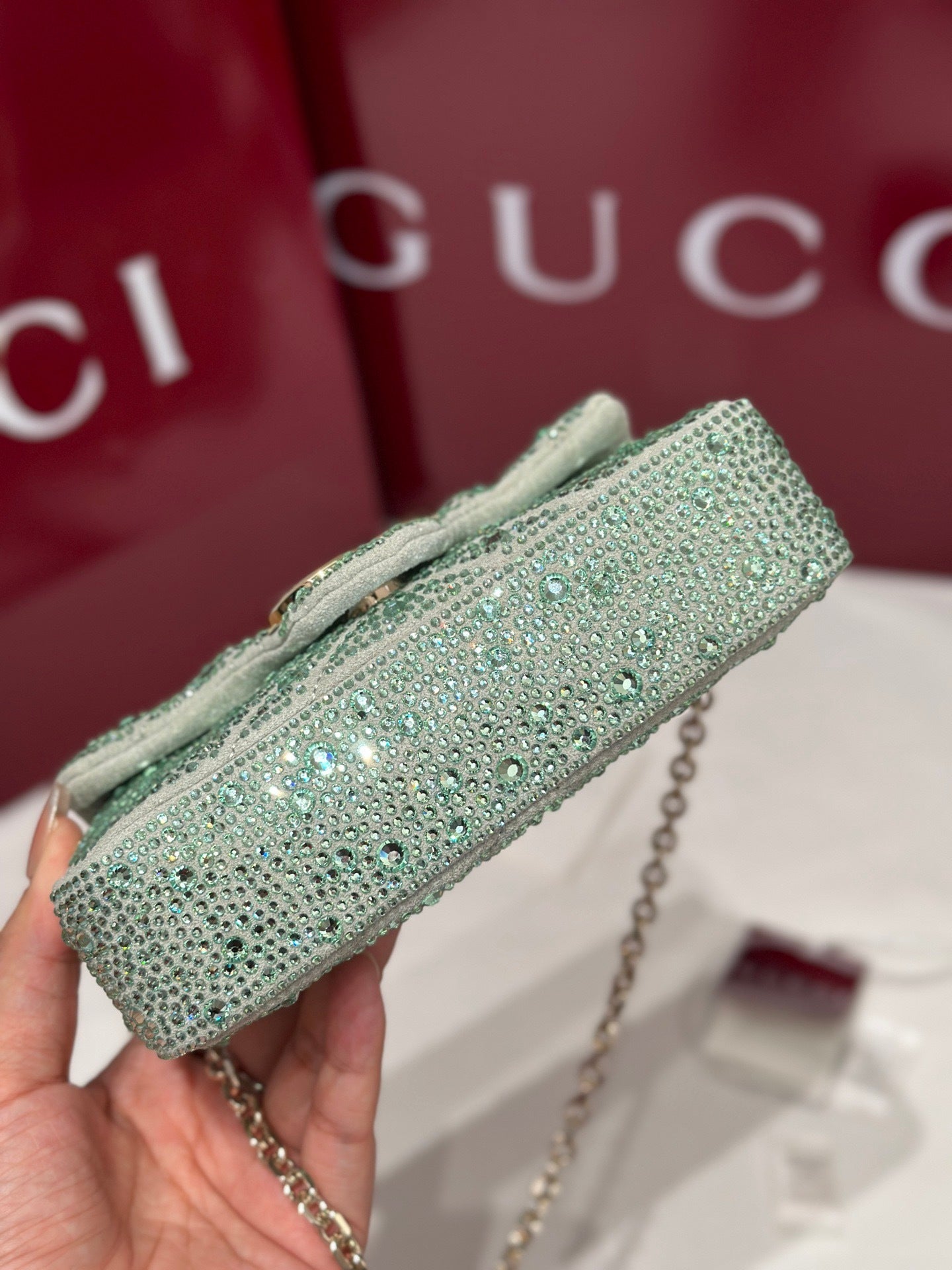 GG Marmont Small Crystal Shoulder Bag – Mint Green Nubuck Chevron Matelassé