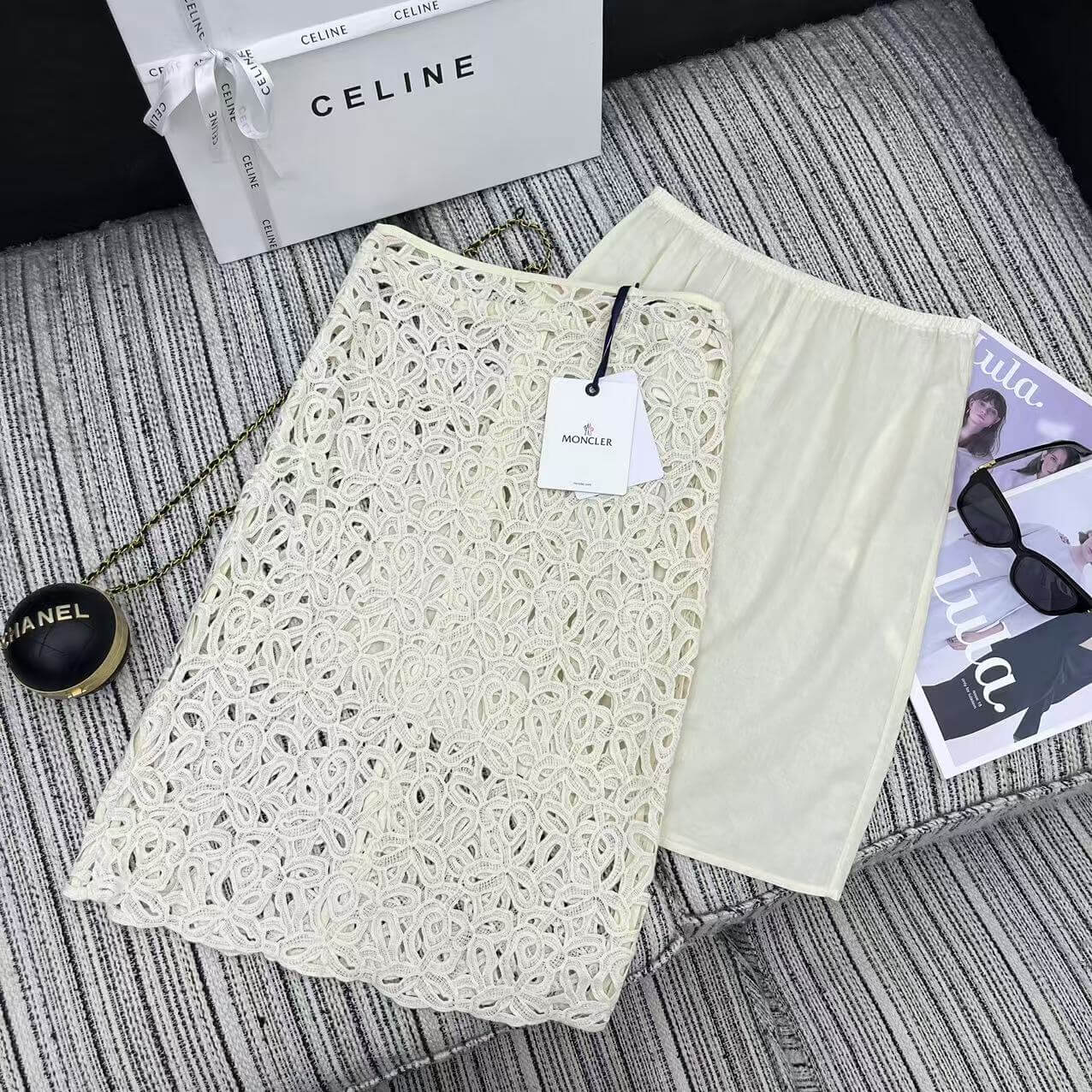 Floral Guipure Lace Pencil Skirt Set – Ivory White Open-Work Cotton-Blend Lace Overlay