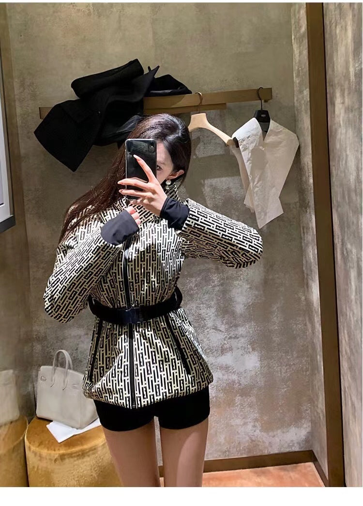 Black & White Geometric FF Monogram Belted Ski Puffer Jacket