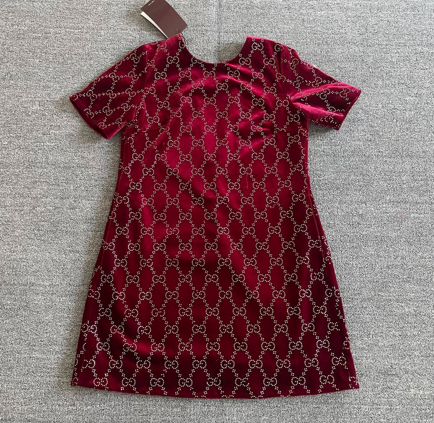 Embroidered Cotton Velvet Mini Dress – Rosso Ancora with Allover GG Crystals