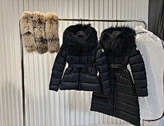 Cream Belted Puffer Jacket with Plush Faux Fur Hood