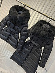Cream Belted Puffer Jacket with Plush Faux Fur Hood
