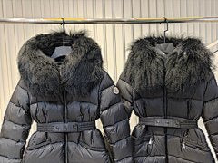 Cream Belted Puffer Jacket with Plush Faux Fur Hood