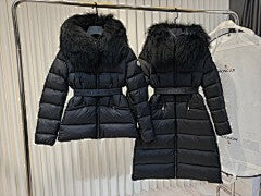 Cream Belted Puffer Jacket with Plush Faux Fur Hood