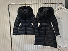 Cream Belted Puffer Jacket with Plush Faux Fur Hood