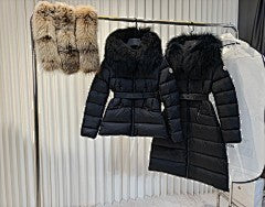 Cream Belted Puffer Jacket with Plush Faux Fur Hood