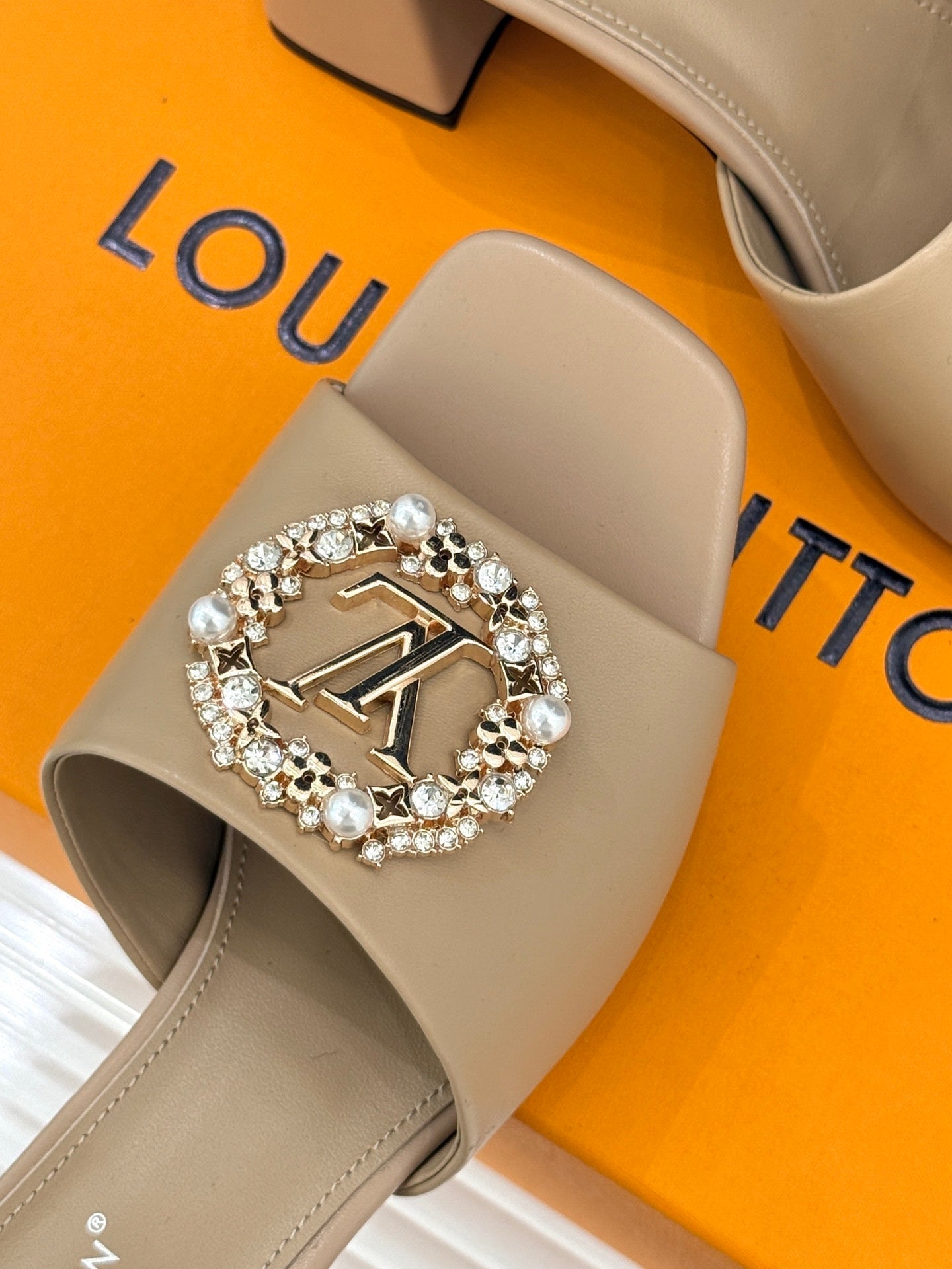 LV Madeleine Mule – Crystal & Pearl Brooch Block-Heel Slide