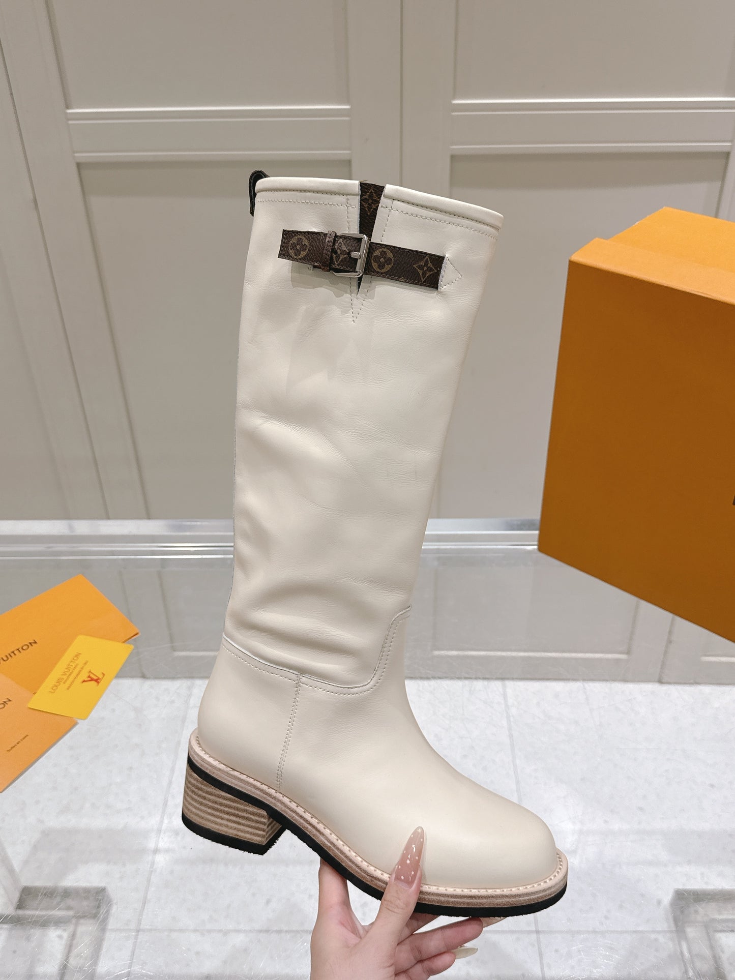LV Biker High Boots – Alabaster White Straight-Shaft Calf Leather Riding Boots with Monogram Trim
