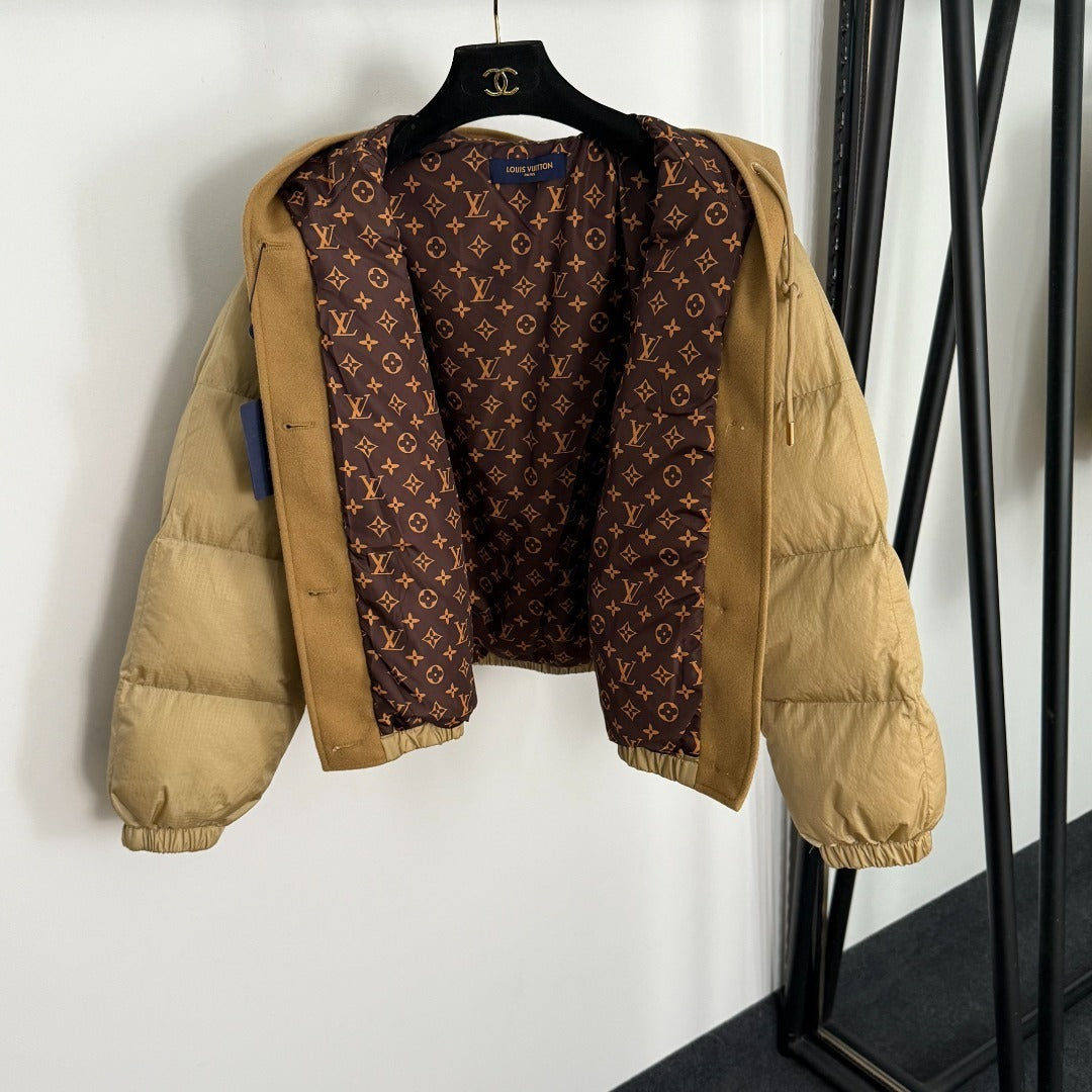 Mixed-Media Hooded Puffer Jacket with Tweed Trim - Black / Camel