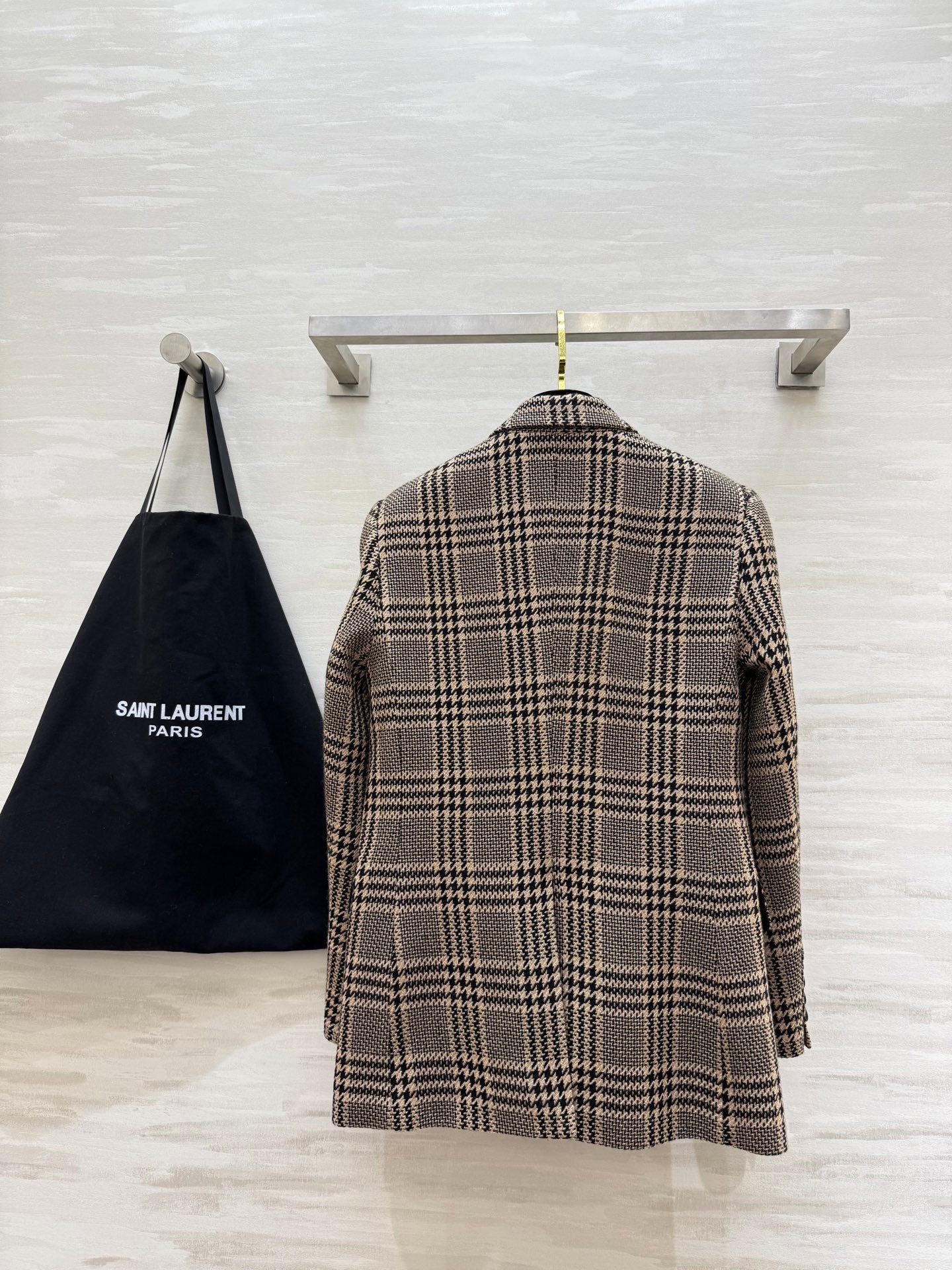 YSL Double-Breasted Prince of Wales Check Blazer in Beige and Black