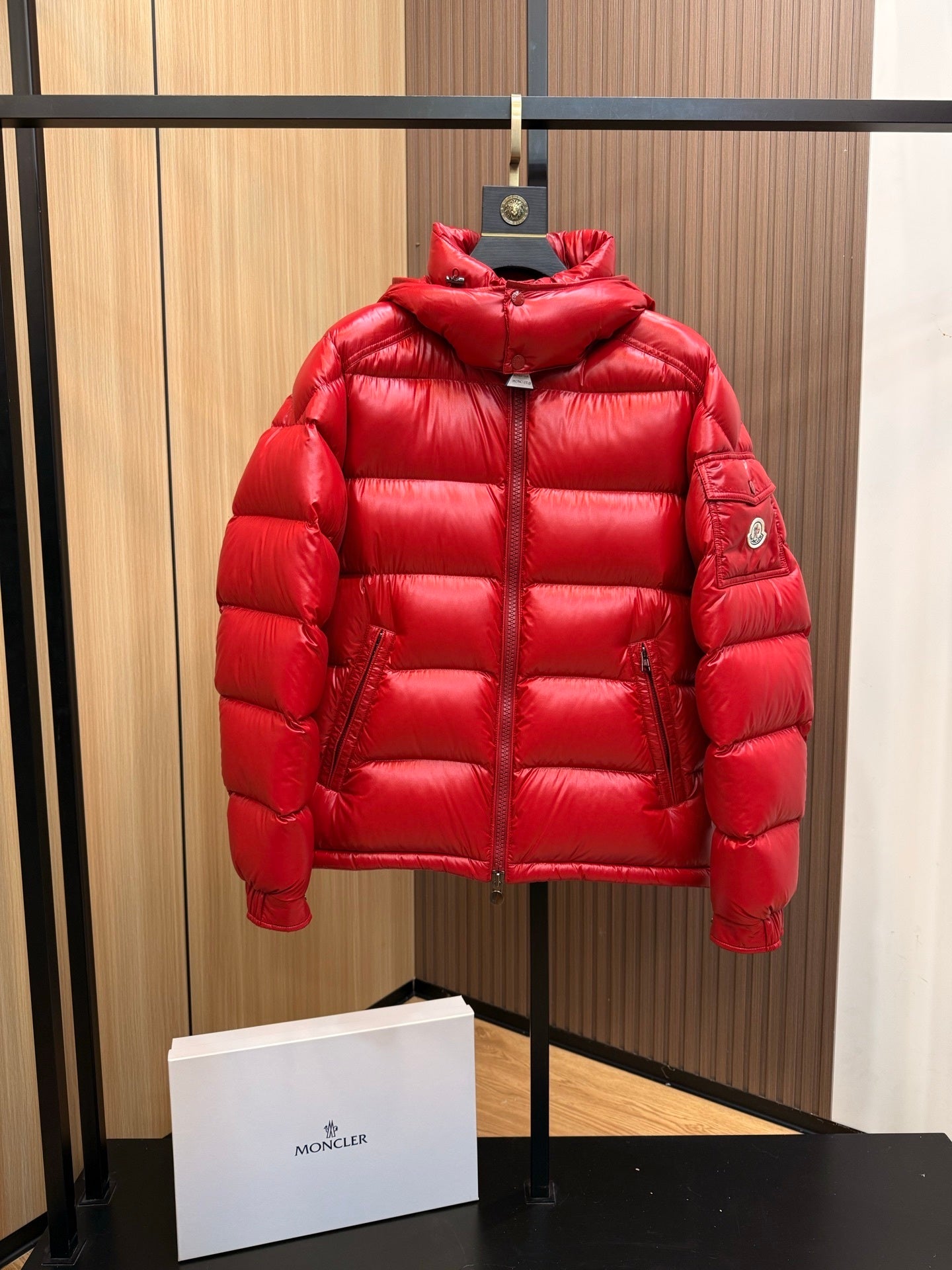 Women's Shiny Red Puffer Maya Jacket with Hood