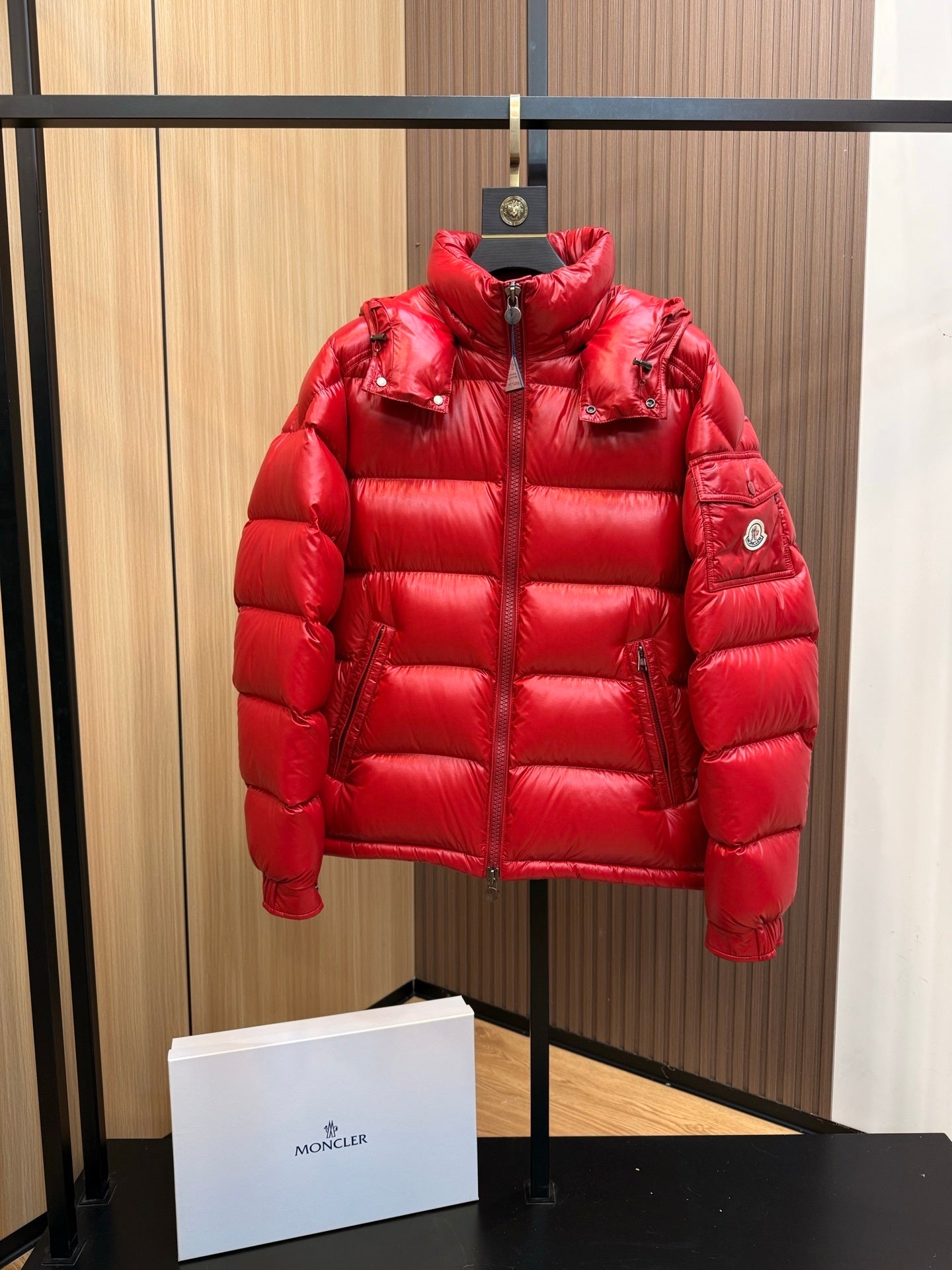 Women's Shiny Red Puffer Maya Jacket with Hood