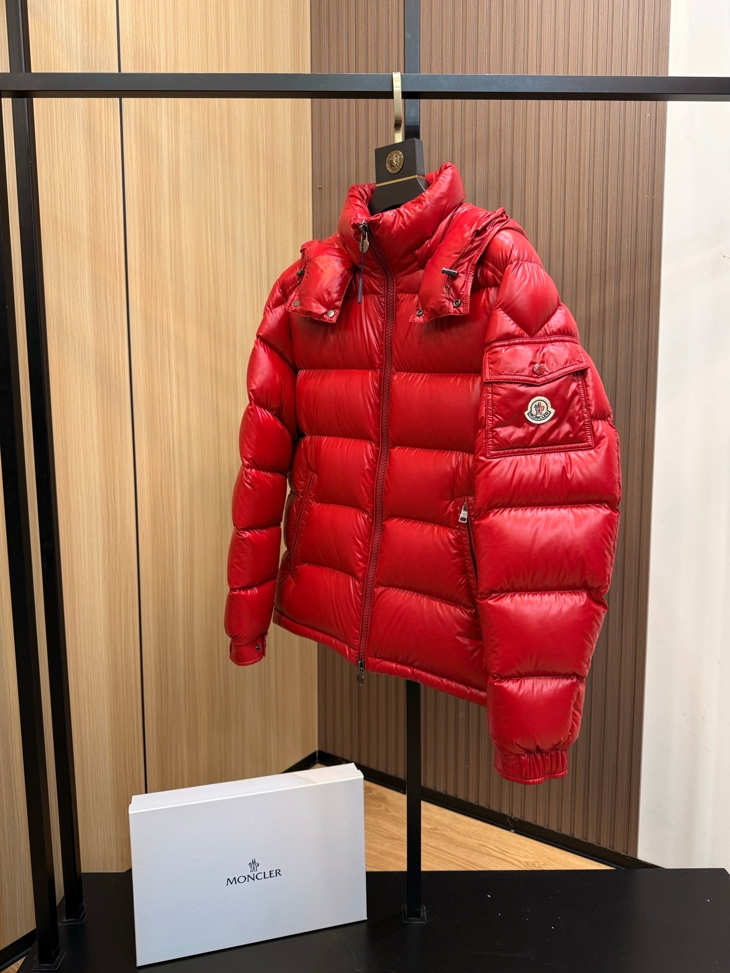 Women's Shiny Red Puffer Maya Jacket with Hood